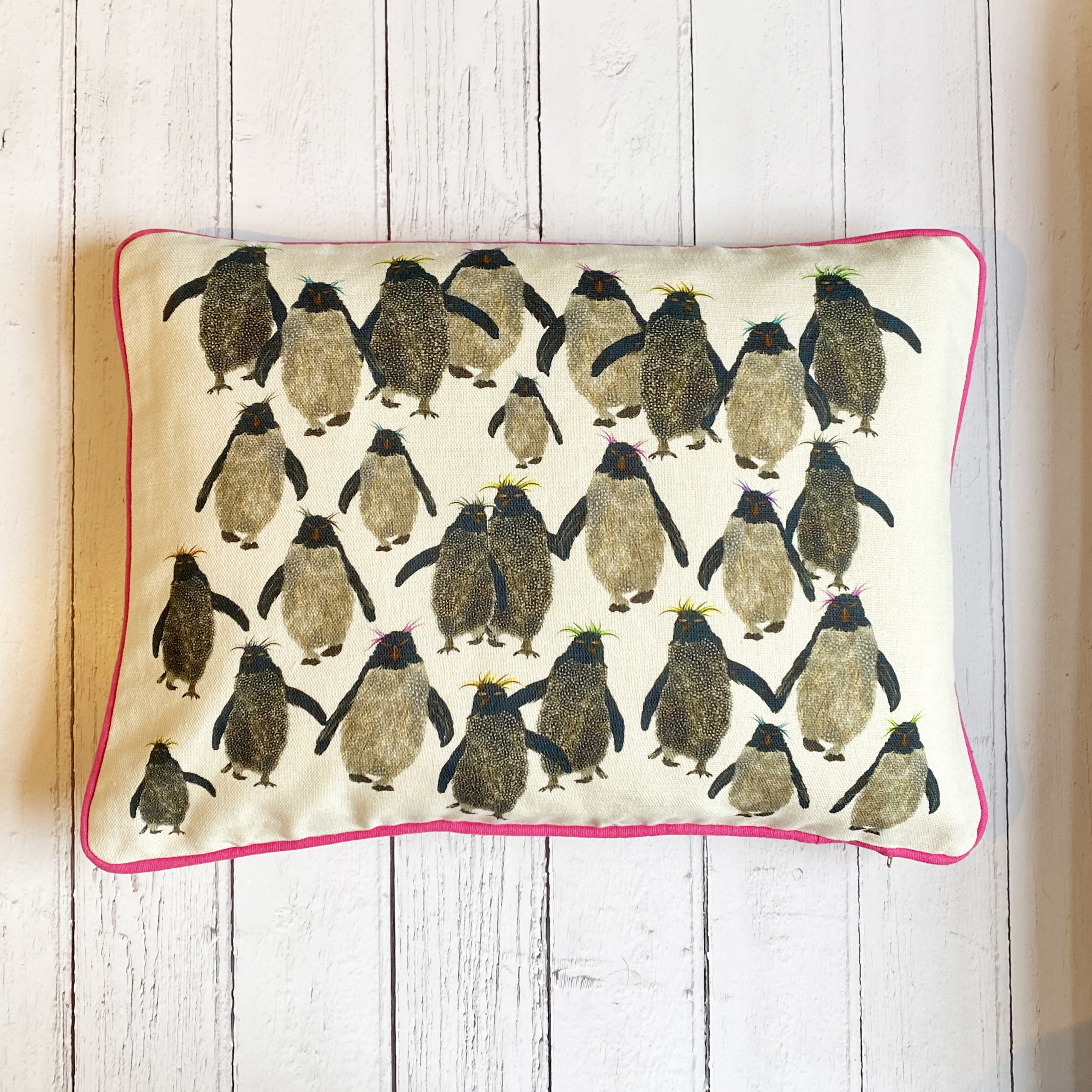 Rockhopper repeat cushion small with pink piping onwhite wood A