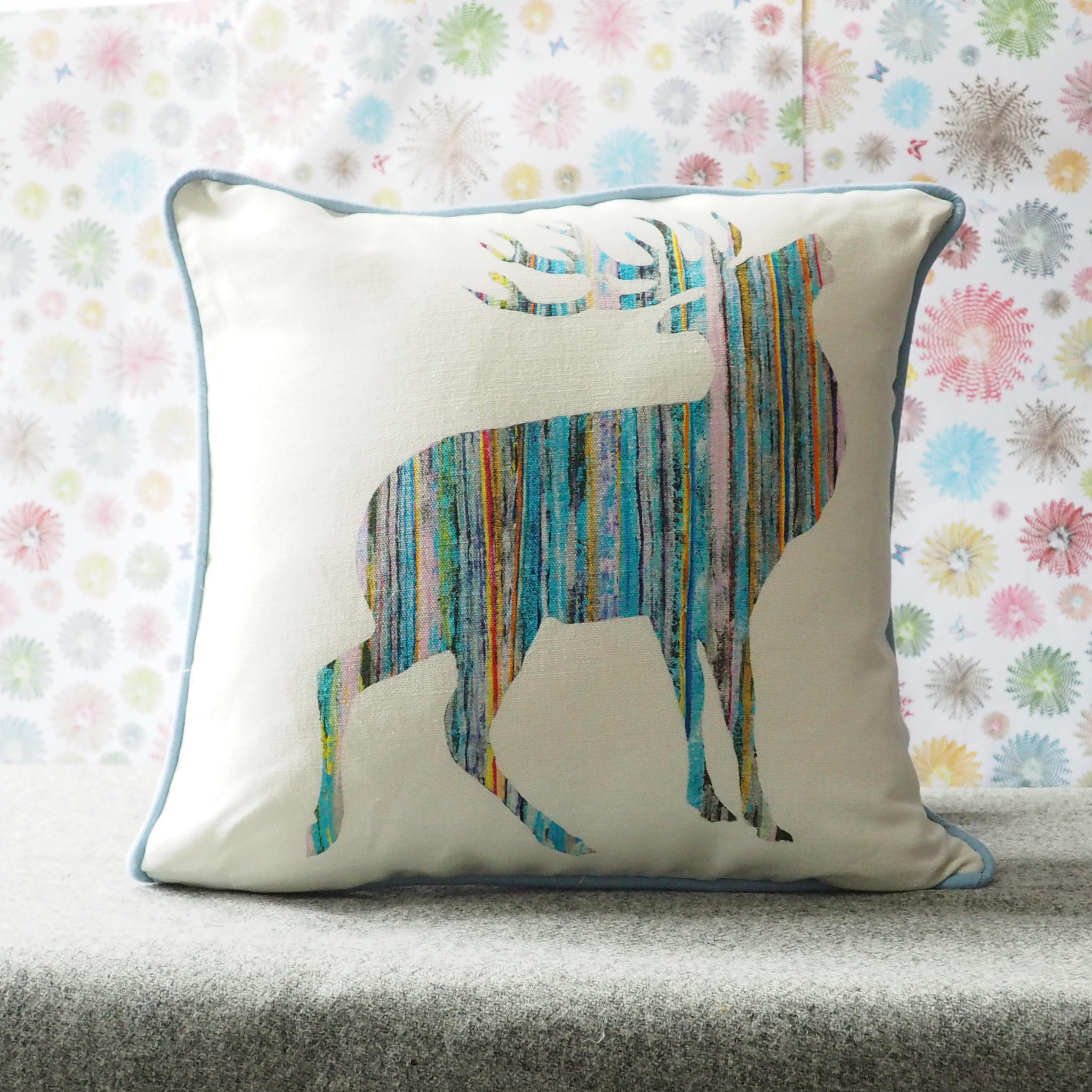SQUARE CUSHION - Blue Stag Facing Right (Blue Piping) (Avail R10F18 04/25)