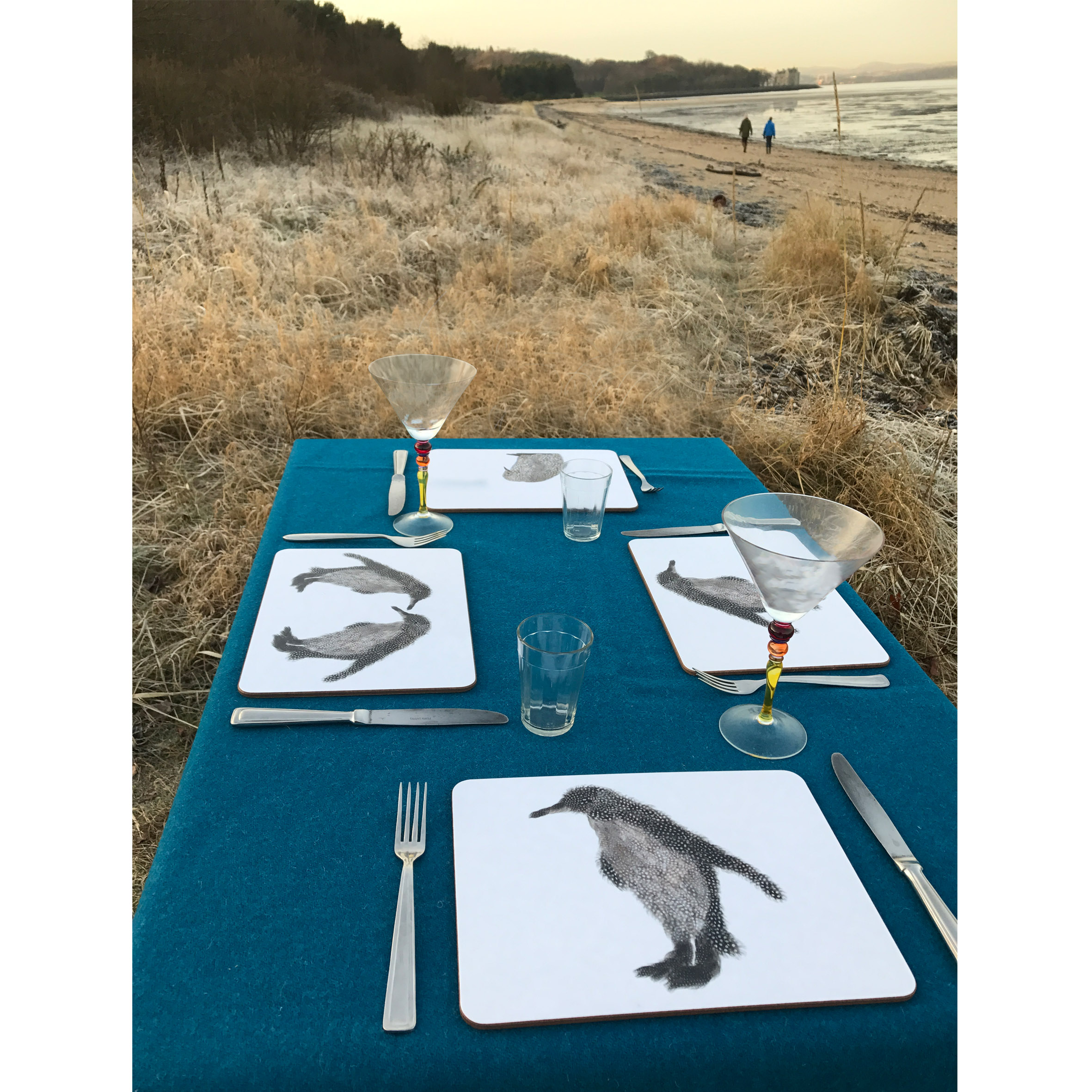 1MB table laid with penguin set on the beach