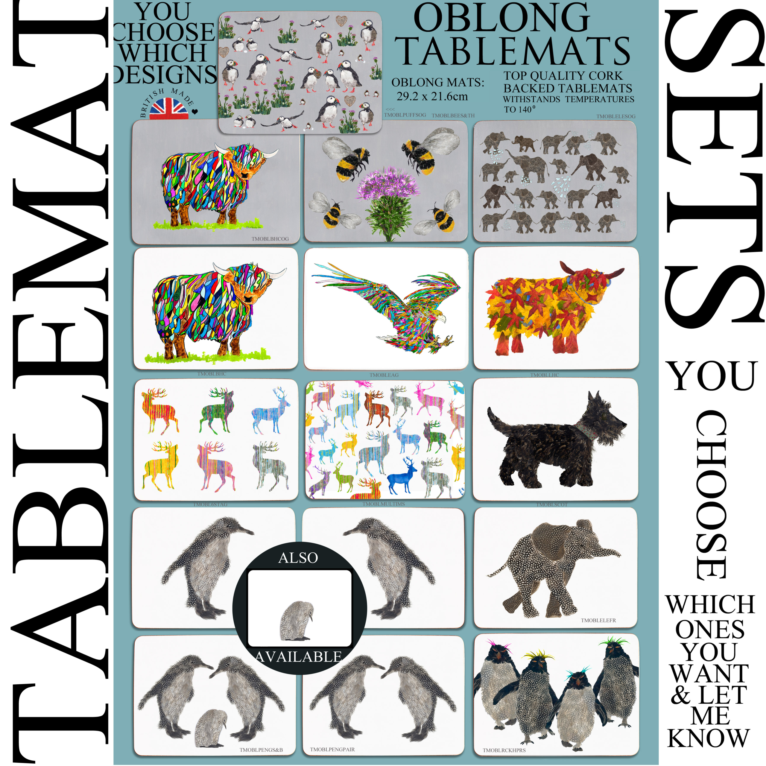 OBLONG TABLEMATS - Set of 5 - Your choice of designs