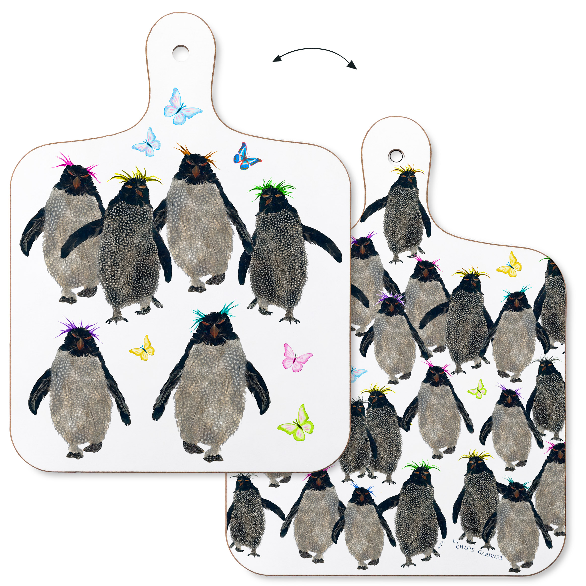 CHOPPING BOARD - SMALL- ROCKHOPPER PENGUINS  WITH BUTTERFLIES