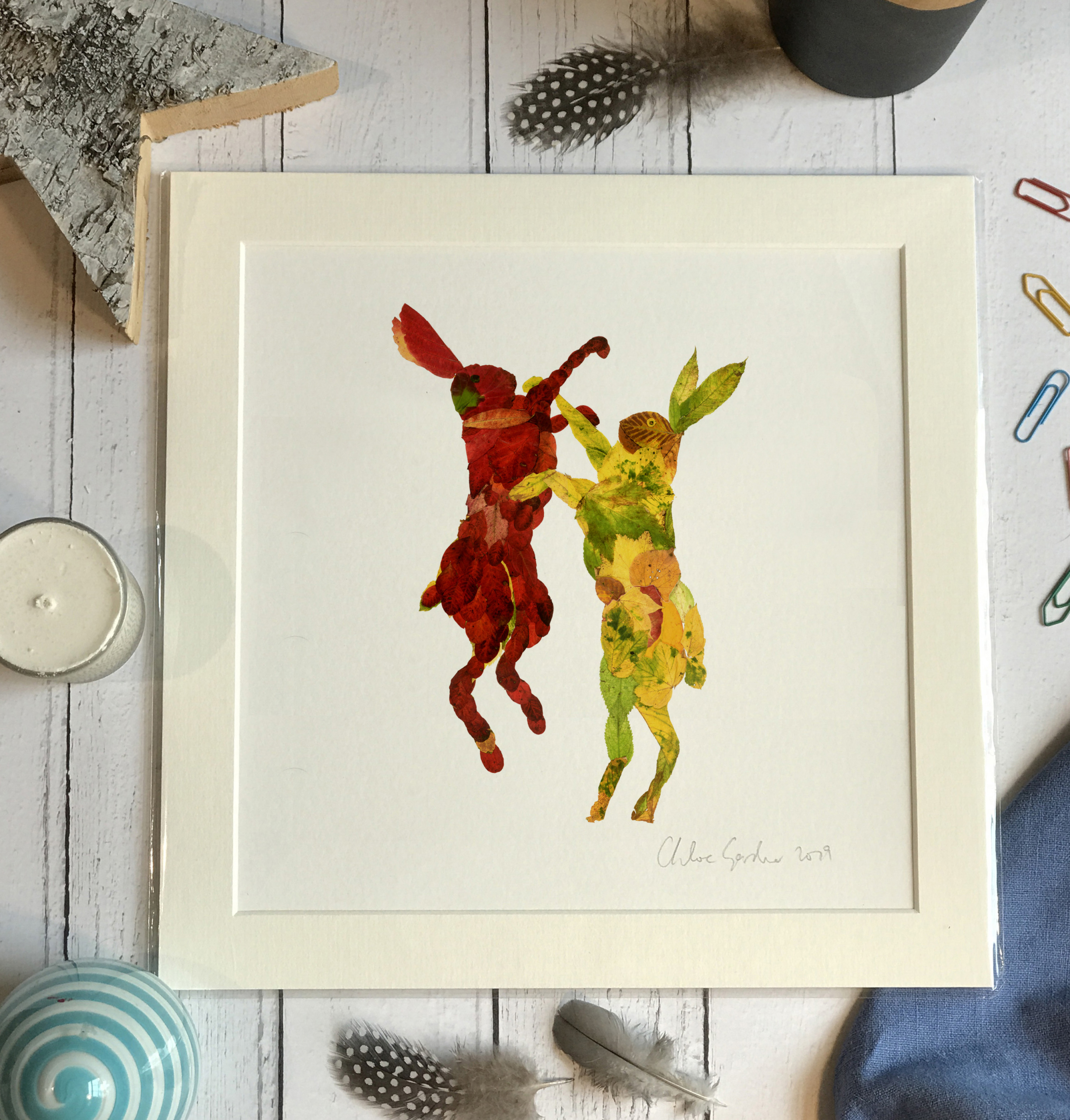 Mini Print - Square in a mount and bag for 8 inch frame - Leaf Hares (Avail:2 02/24)