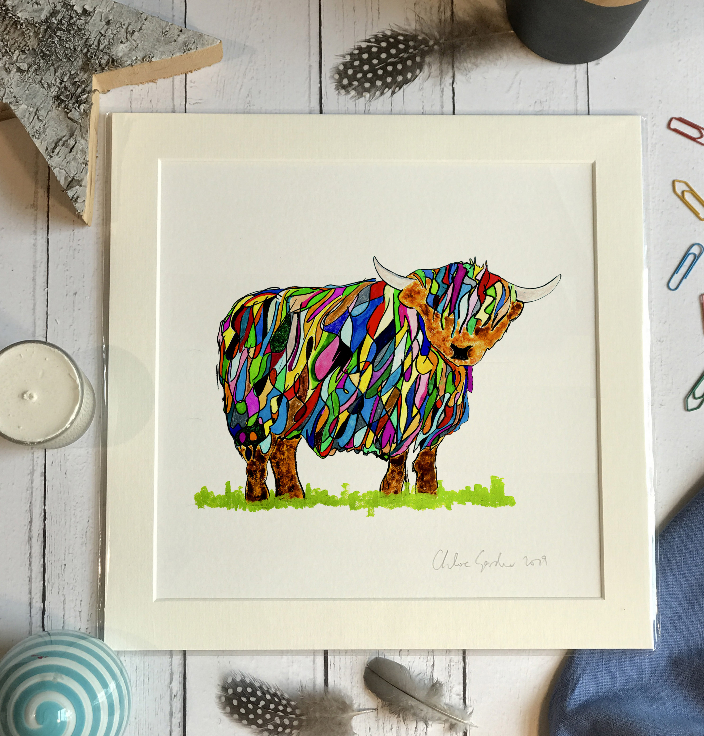 Mini Print 8 inch - Square in a mount and bag for 8 inch frame - Bright Colourful Highland Cow (Avail:1 02/24)