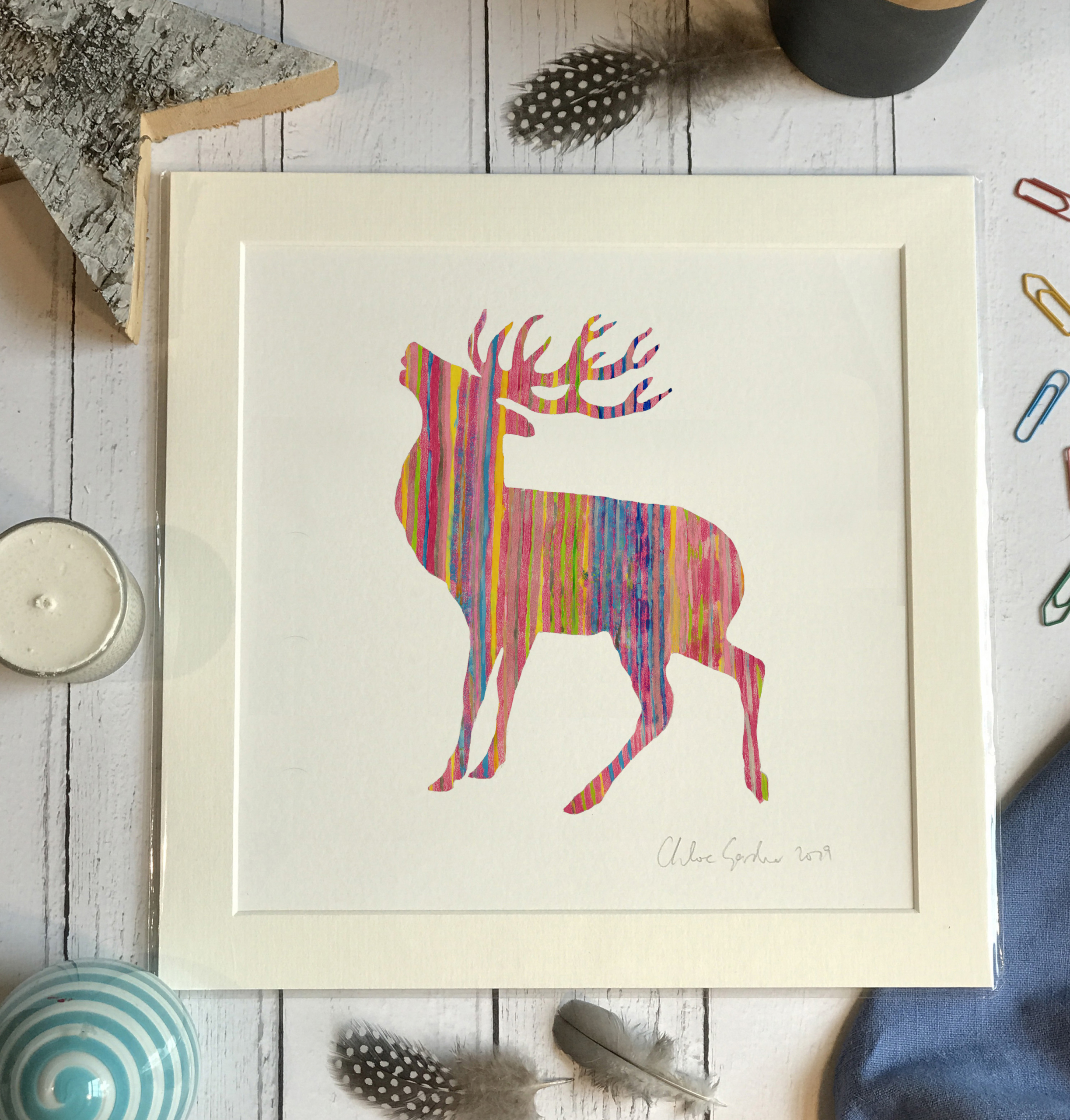 Mini Print - Square in a mount and bag for 8 inch frame - pink stag  (Avail:8 02/24)