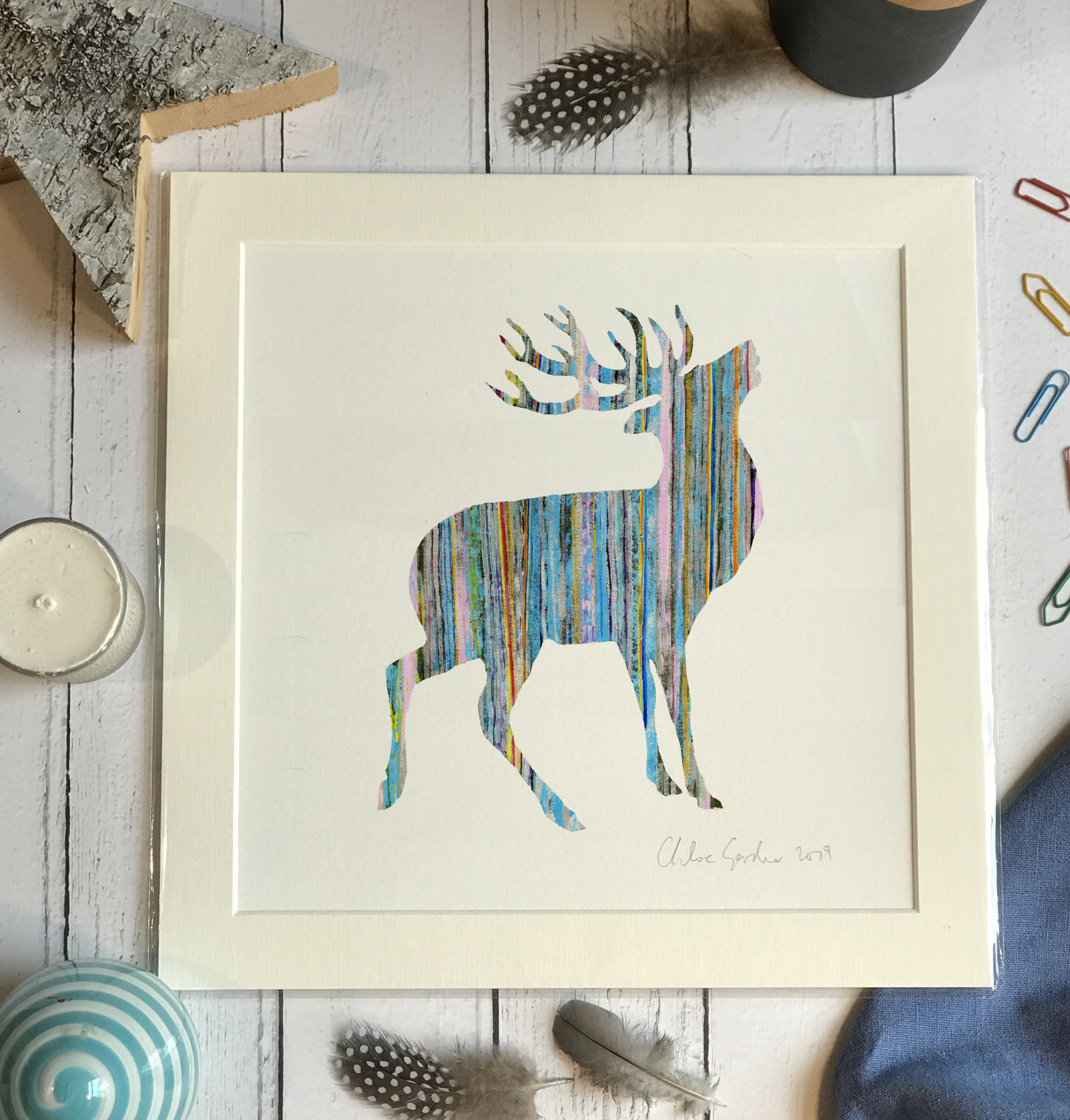 Mini Print - Square in a mount and bag for 8 inch frame - Blue stripey Stag  (Avail:1 02/24)