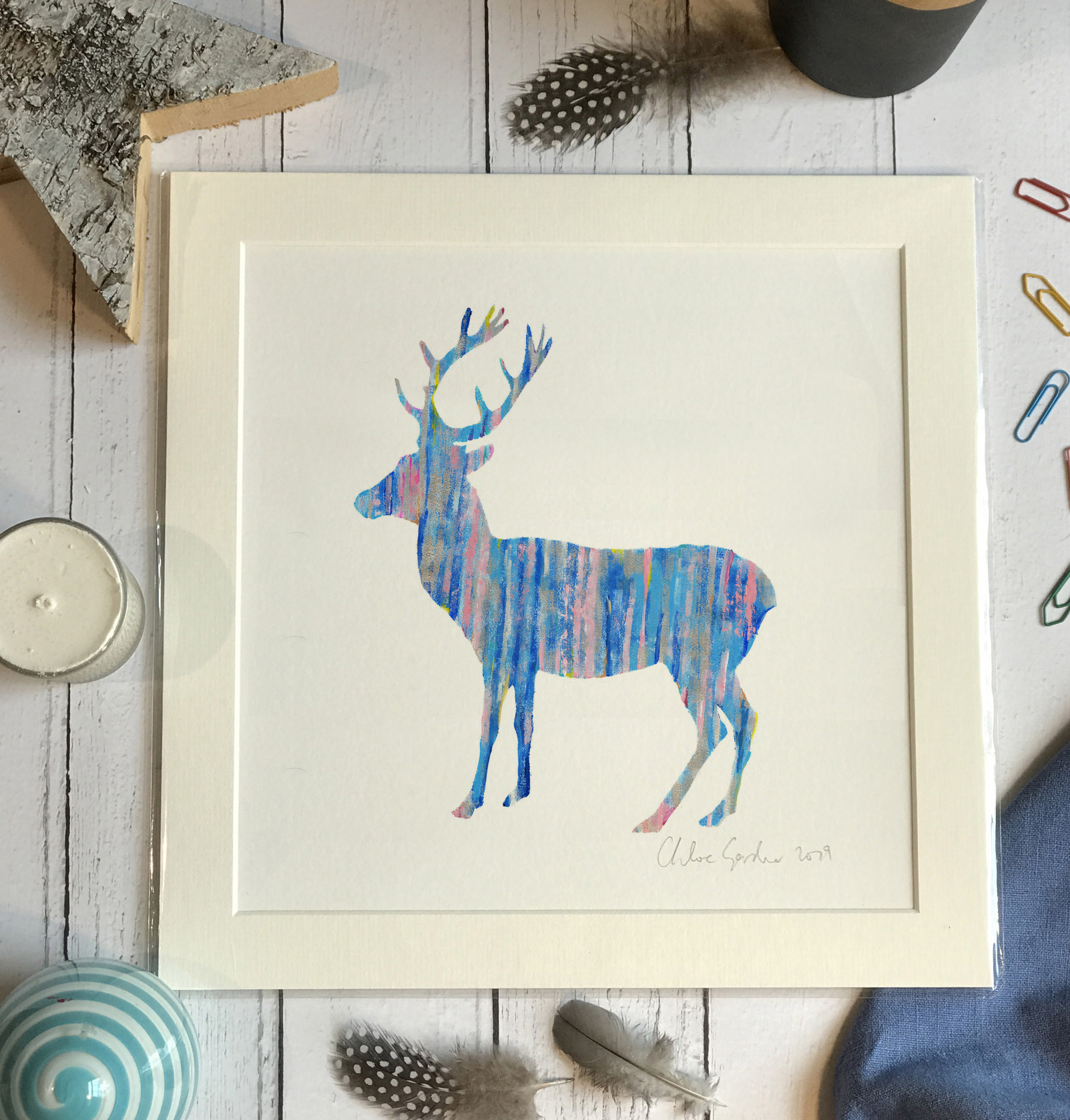 Mini Print - Square in a mount and bag for 8 inch frame - Blue Deer (antlers up above)  (Avail:3 02/24)