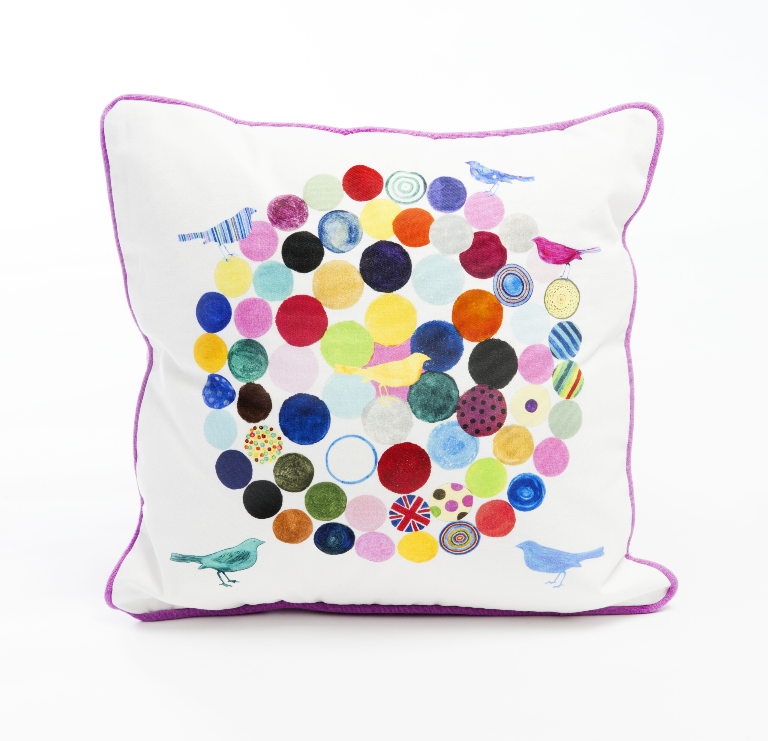 *SALE* COTTON SQUARE CUSHION COVER - Circles and Birds (Pink Piping) SP23