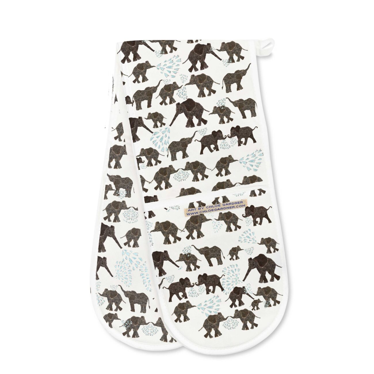 Chloe Gardner Animal Oven Gloves Elephants on White Cotton