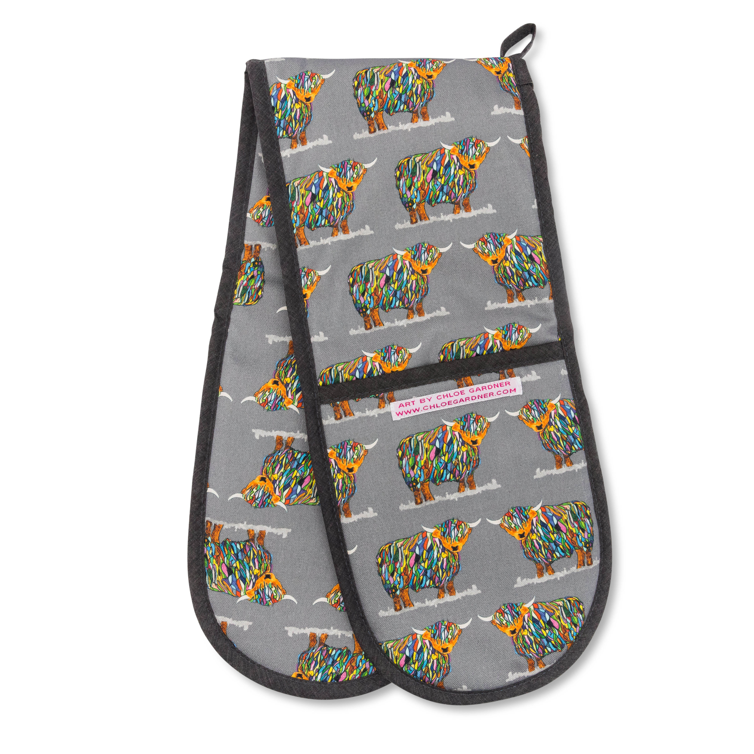 OVEN GLOVES - Bright Highland Cow on Dark Grey