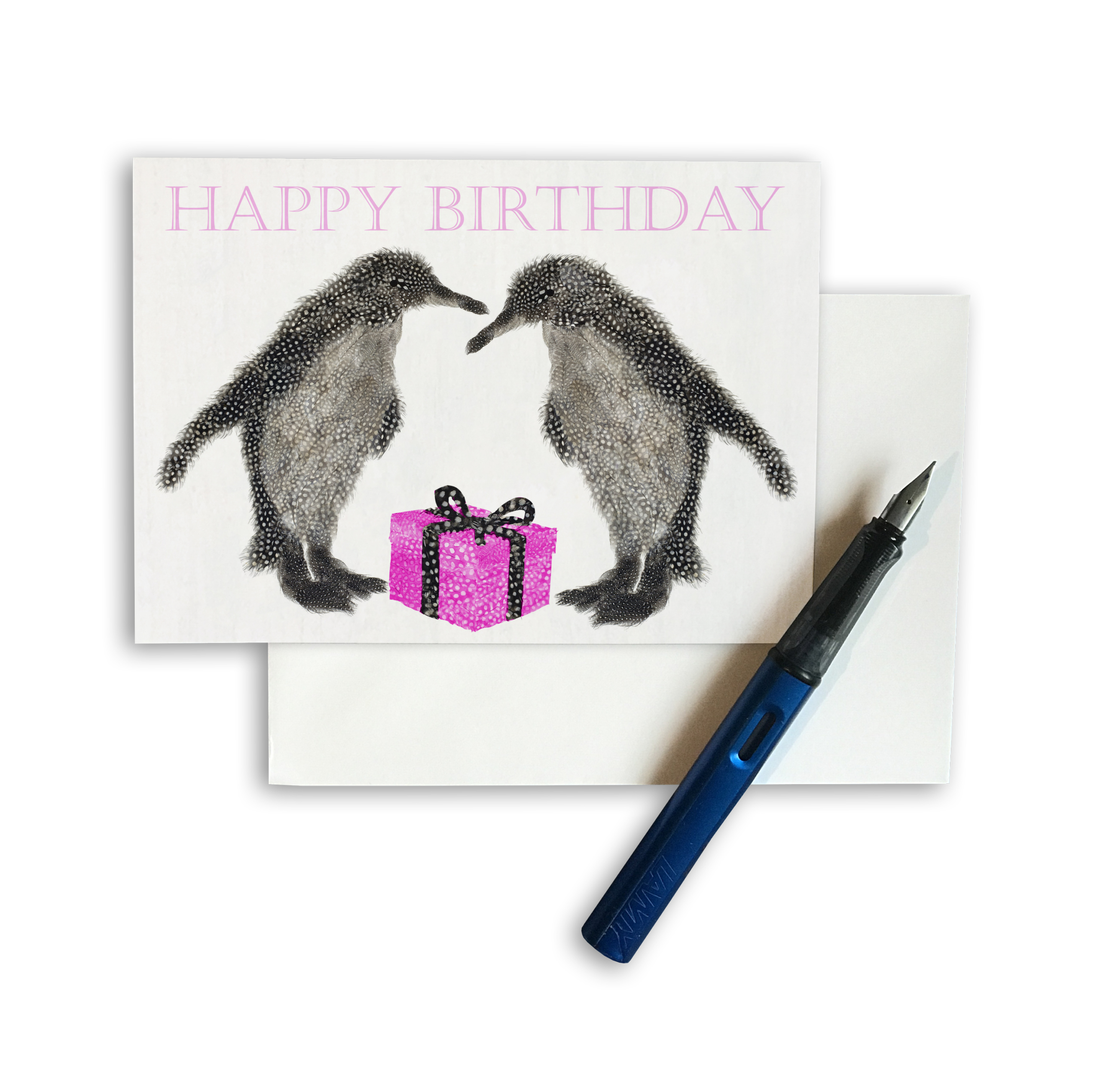 PACK OF THREE - CARD 7X5 - Two penguins with a PINK present (HAPPY BIRTHDAY)