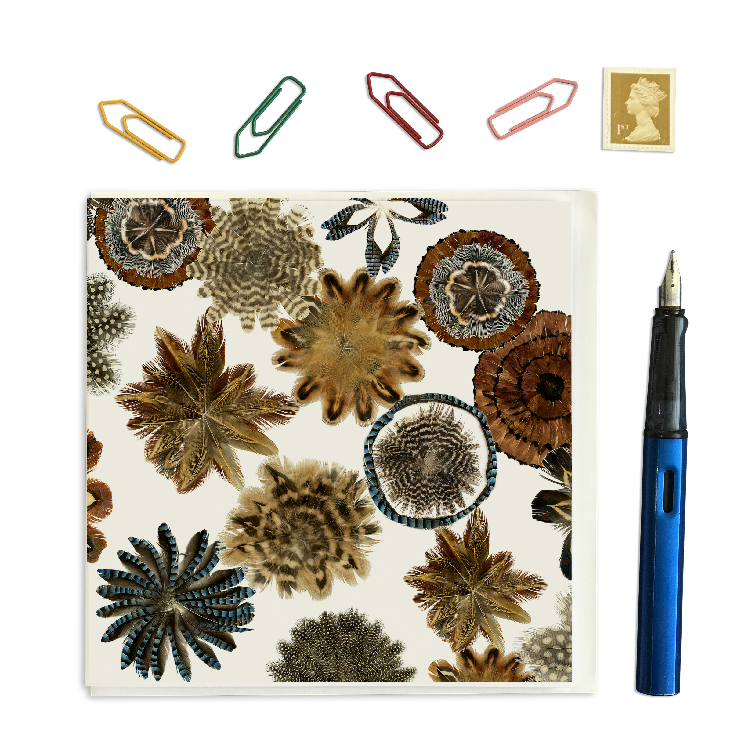 PACK OF 3 - CARD SQUARE - Feather Square no. 3 with a complete Jay feather spiral