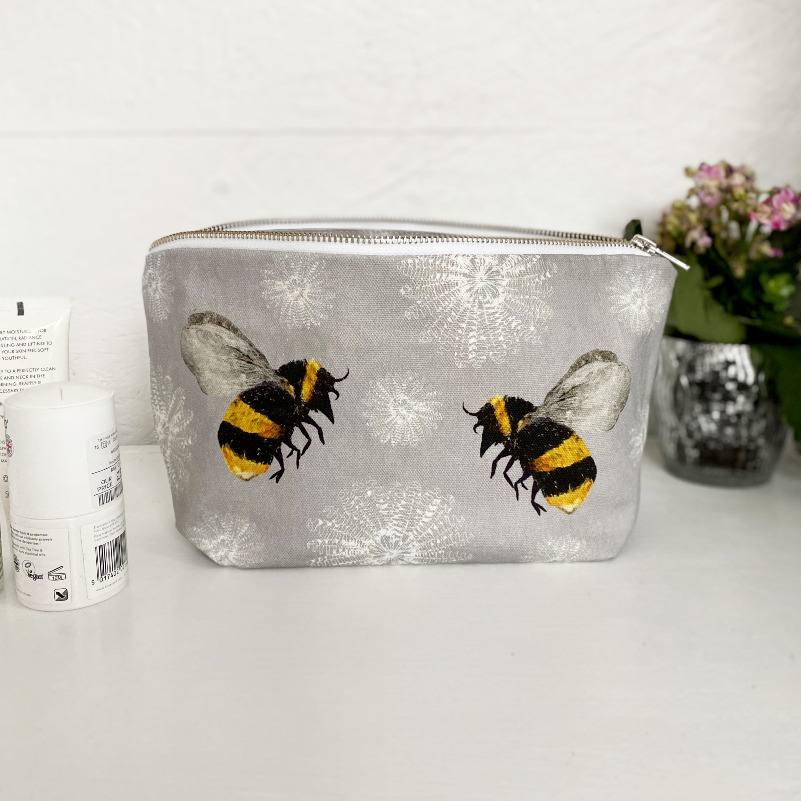 Washbag 1 - Bee and white feather flower design with a simple white inside