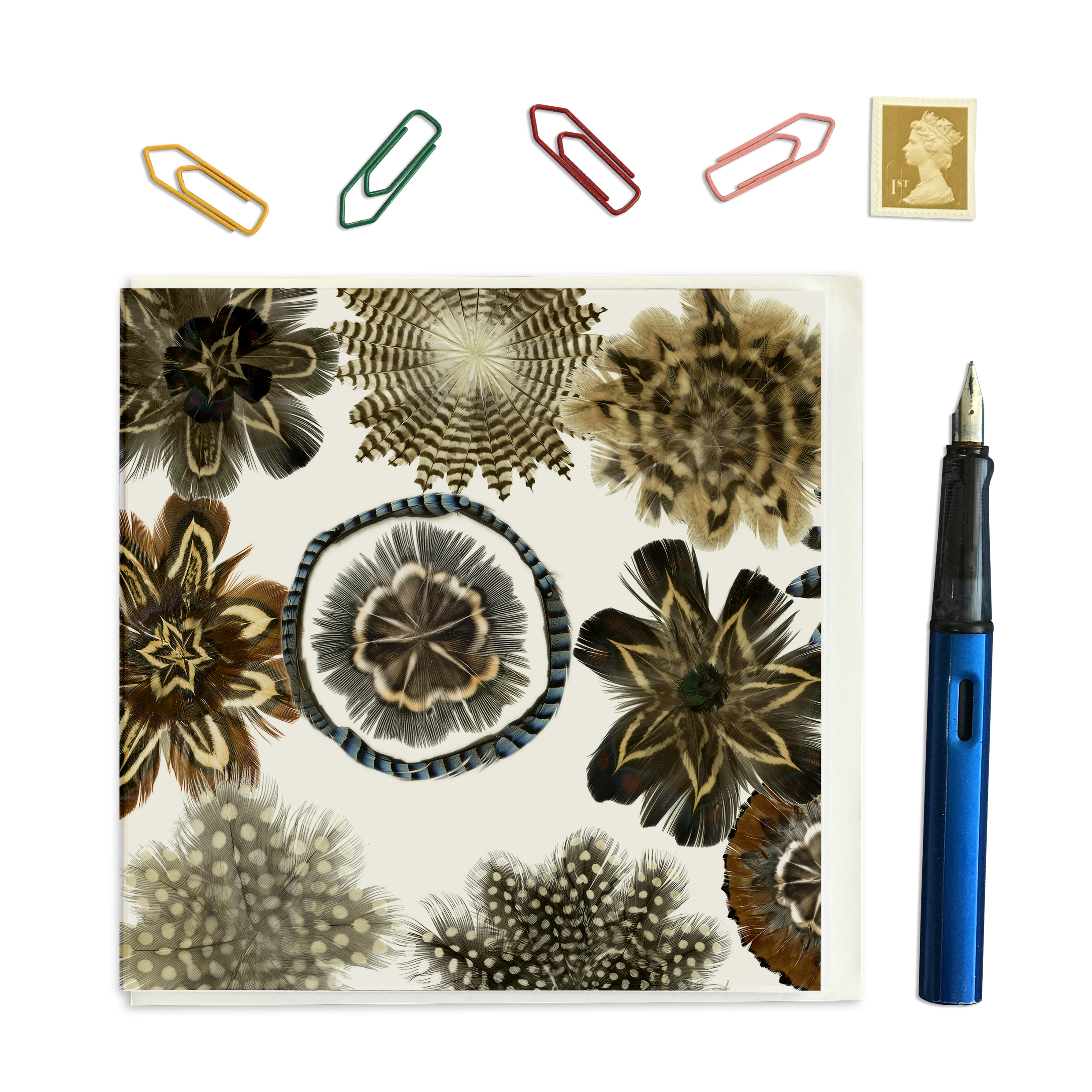 PACK OF THREE - CARD SQUARE - Feather Square no. 1 with a Central blue feather ball