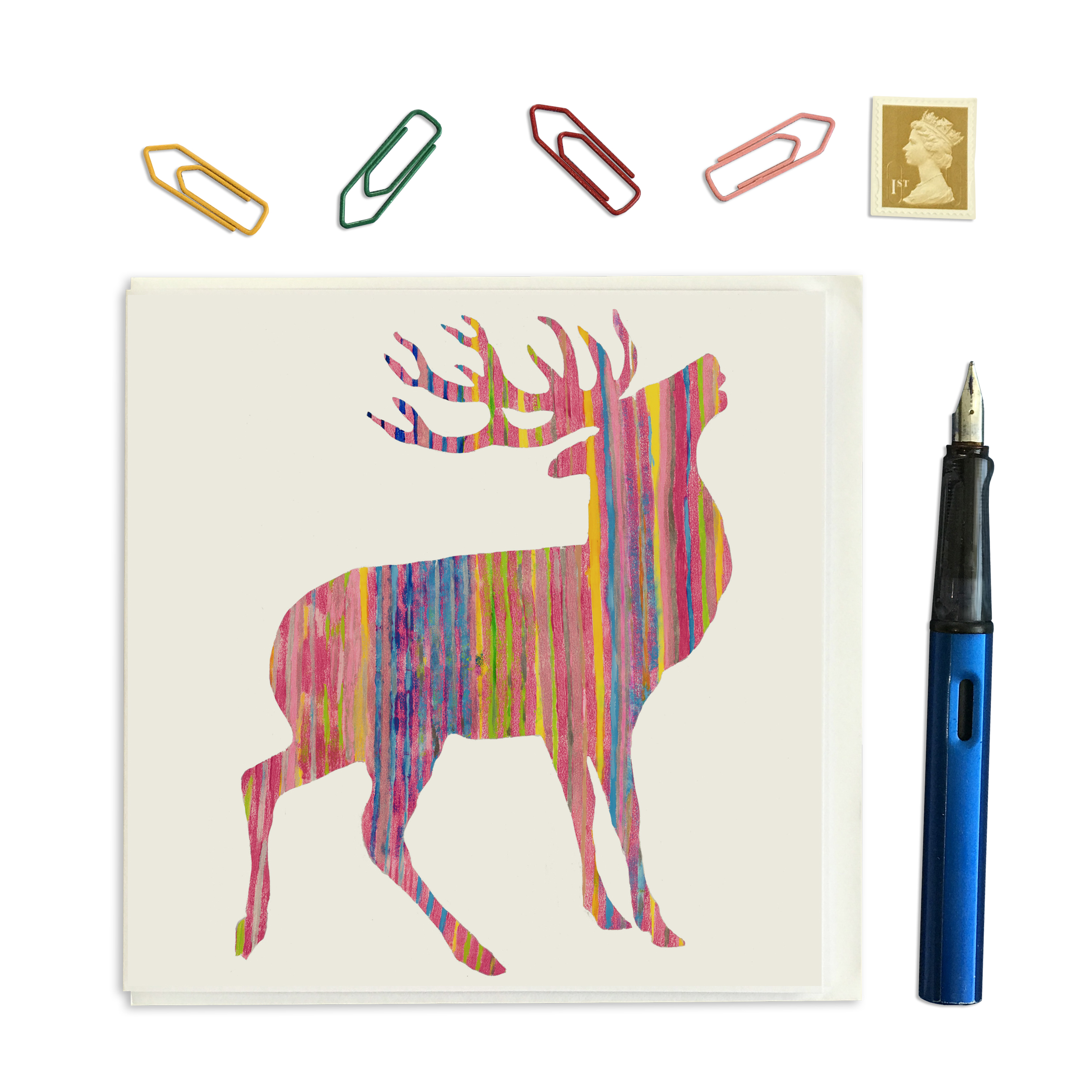 CARD SQUARE - Pink Stag on White
