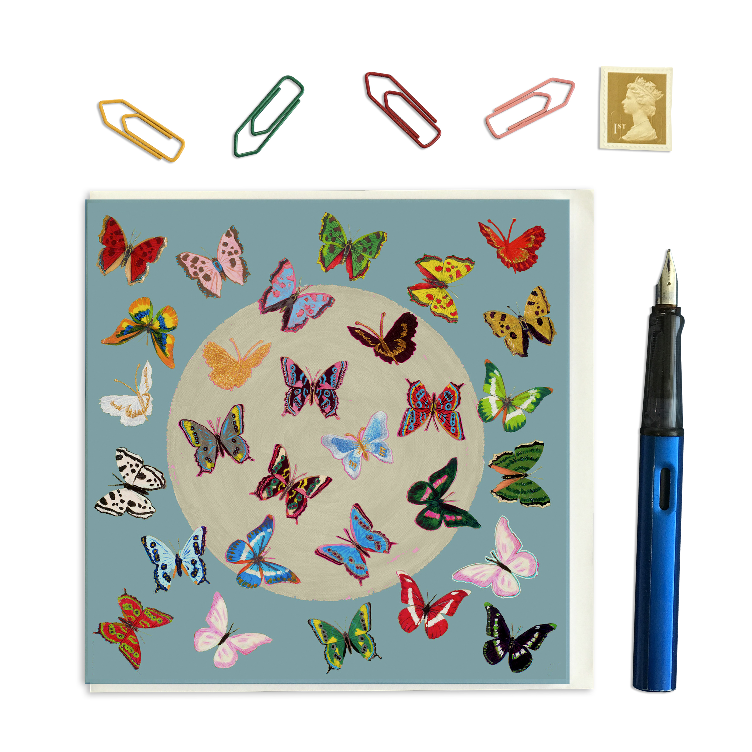 PACK OF THREE - CARD SQUARE - Butterflies on bluey grey