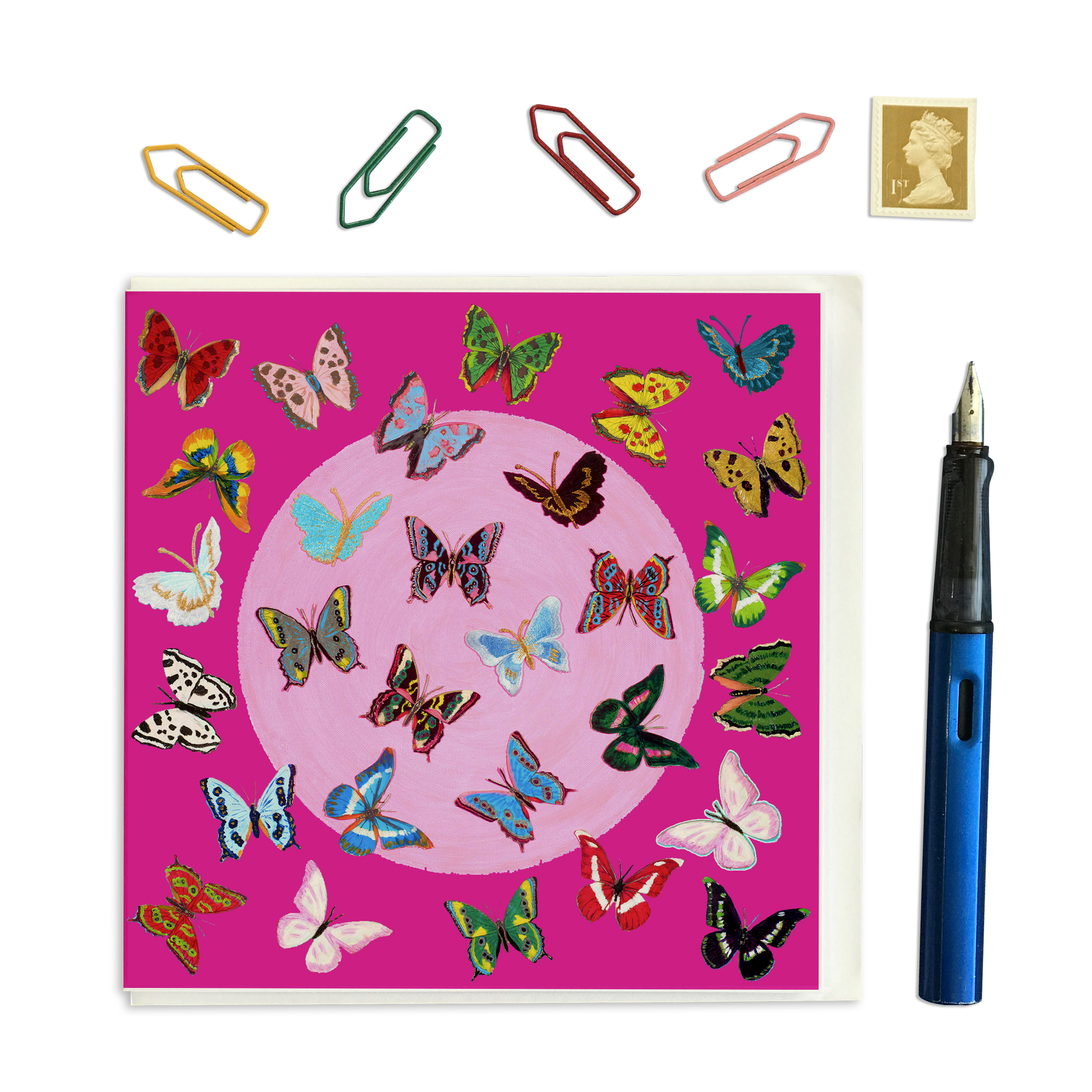 PACK OF THREE - CARD SQUARE - Butterflies on dark pink