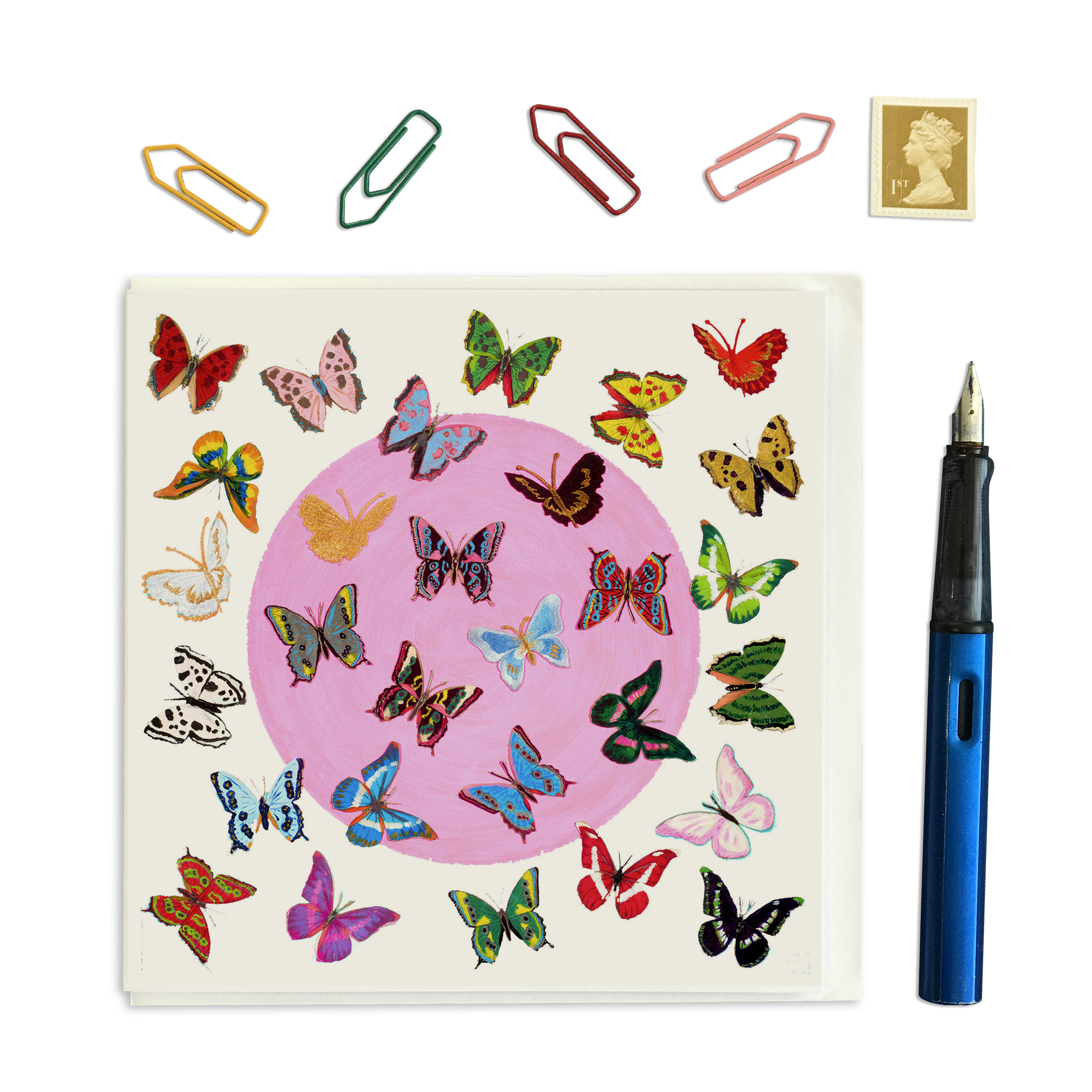 PACK OF THREE - CARD SQUARE - Butterflies on white with a pink circle