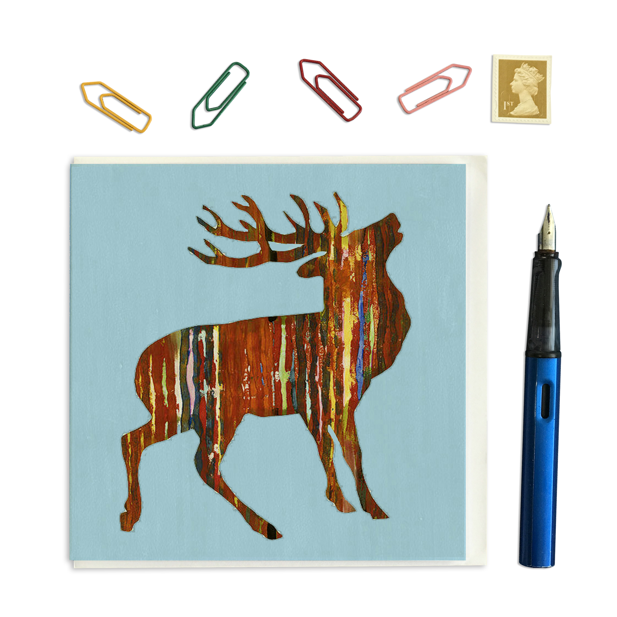 CARD SQUARE - Brown Stag on Blue