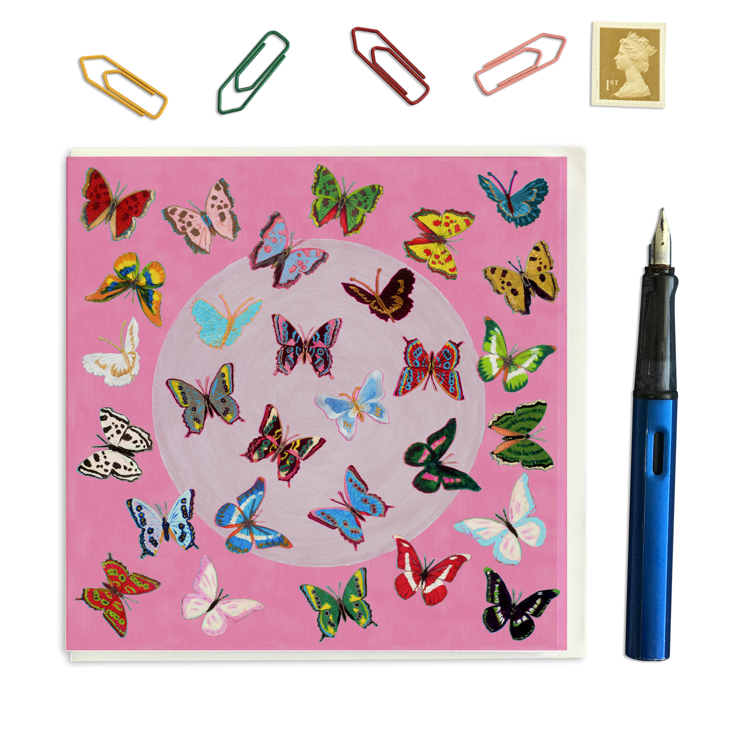 PACK OF THREE - CARD SQUARE - Butterflies on Light Pink