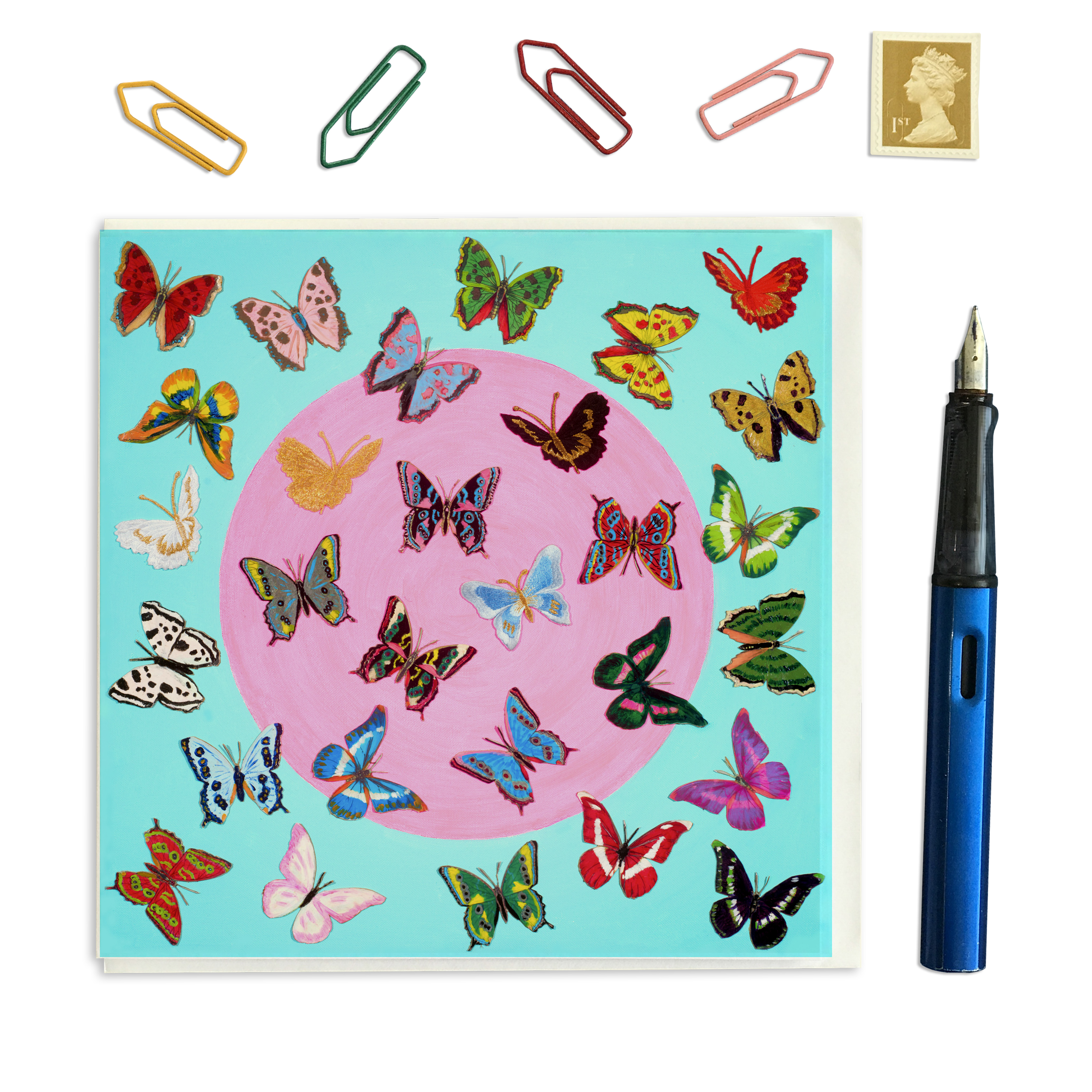 PACK OF THREE - CARD SQUARE - Butterflies on turquoise