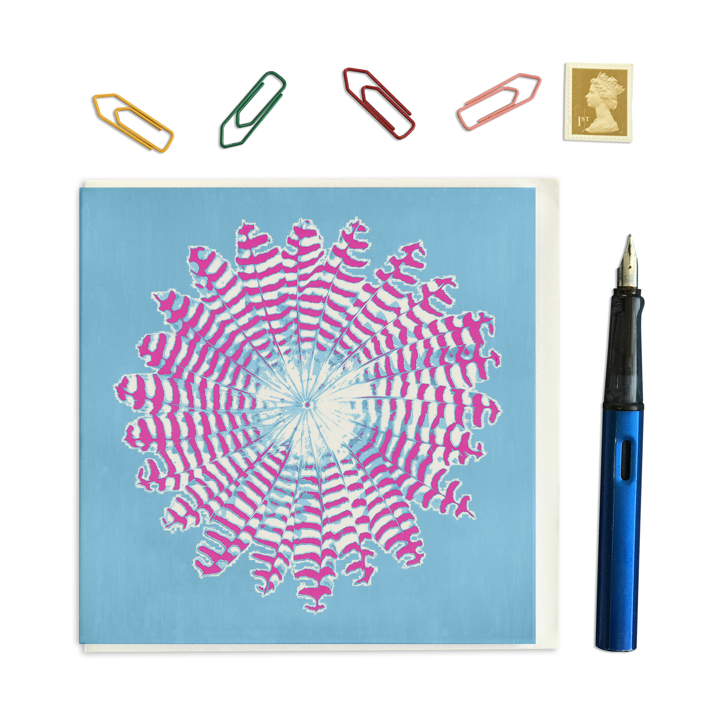 PACK OF THREE - CARD SQUARE - Pink Feather Round on Blue