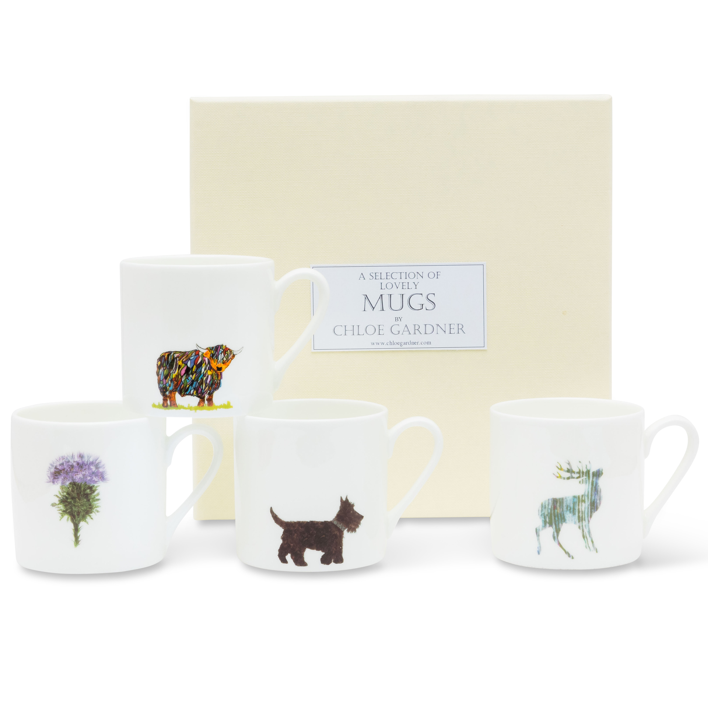 ESPRESSO MUGS GIFT SET - FOUR espresso mugs (Colourful Highland Cow, Stag, Thistle, Scottie Dog) with coffee in a luxury gift box