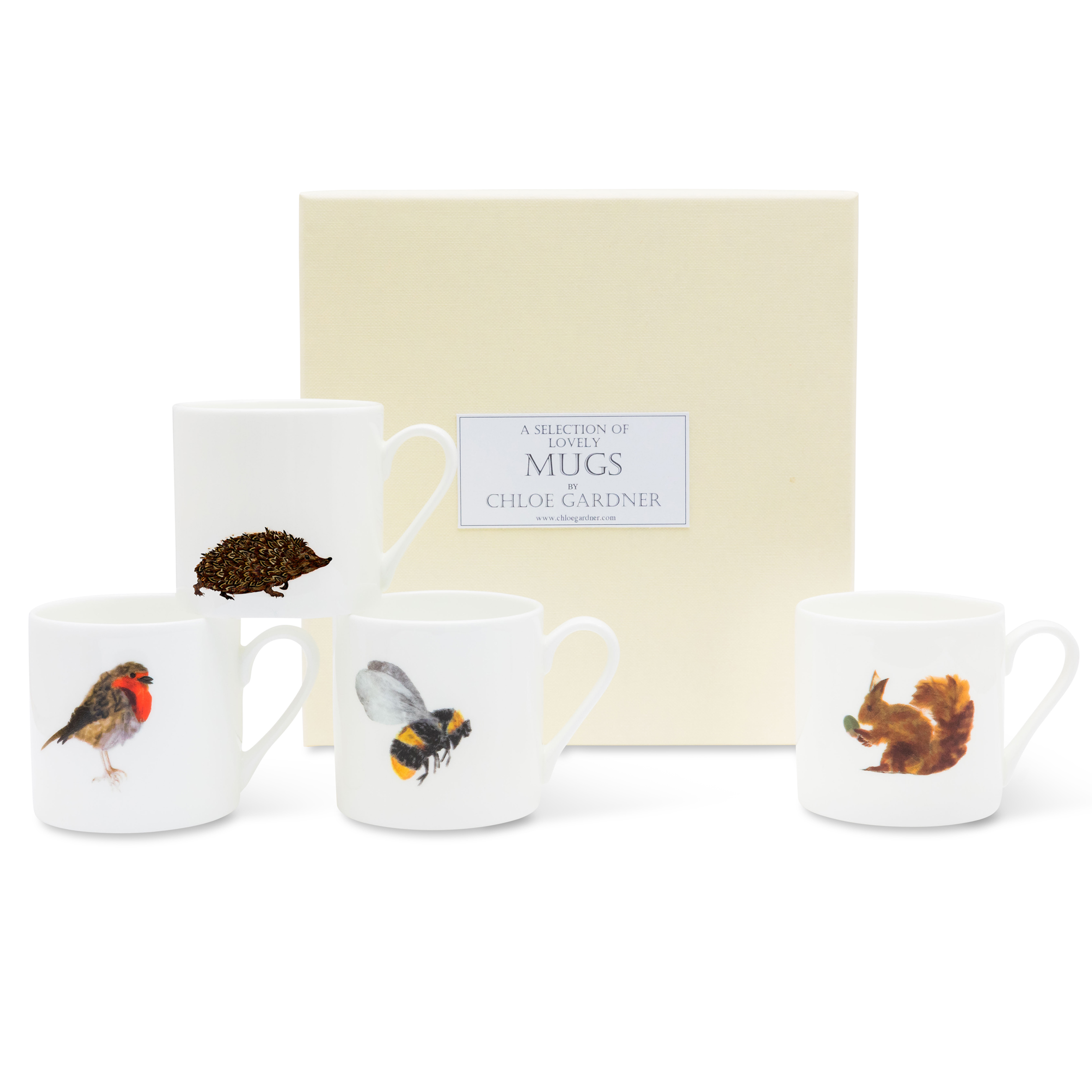 ESPRESSO MUGS GIFT SET - FOUR Espresso mugs  (Hedgehog, Robin, Bee, Squirrel) with coffee in a luxury gift box