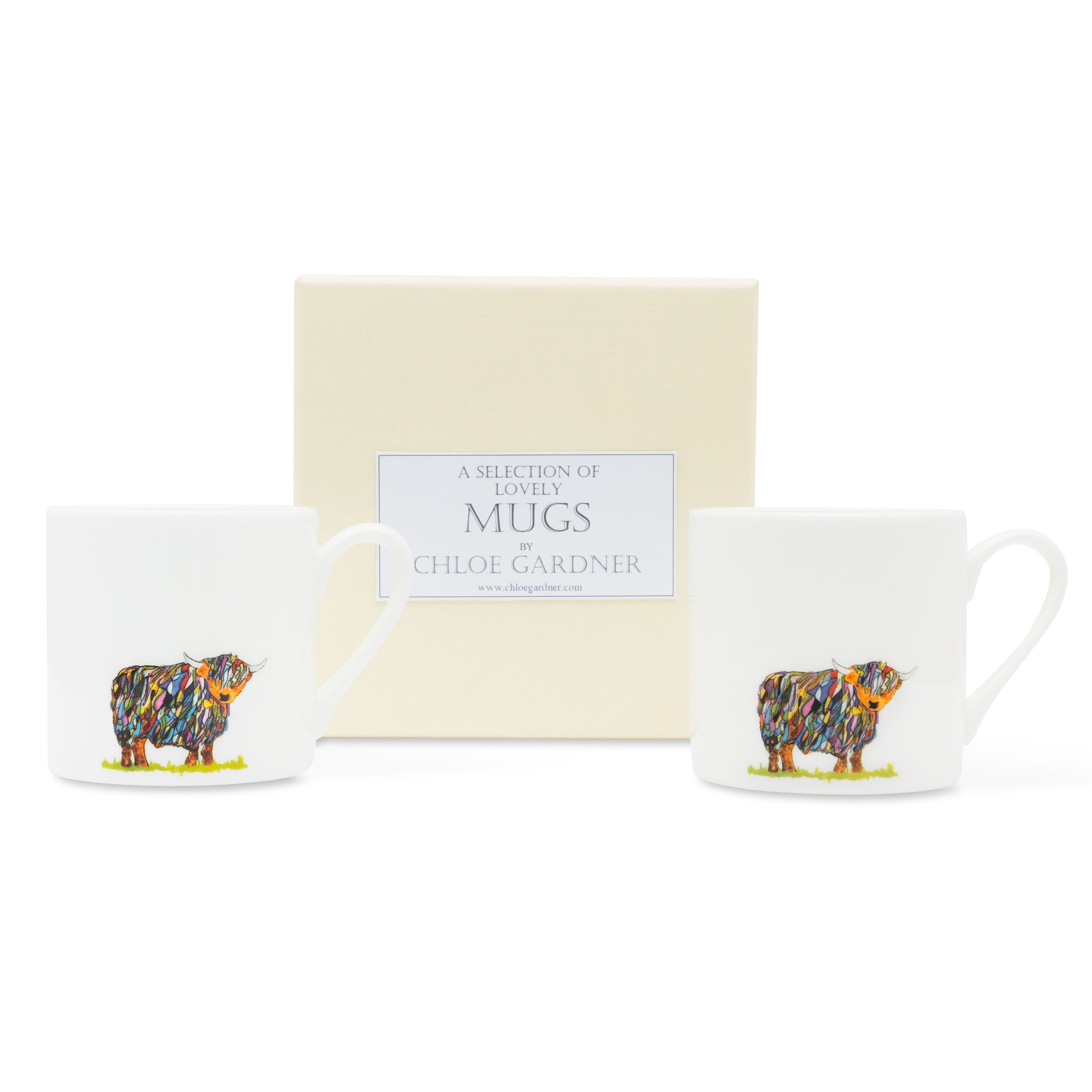 ESPRESSO MUGS GIFT SET - TWO bright highland cow espresso mugs with coffee in a luxury gift box