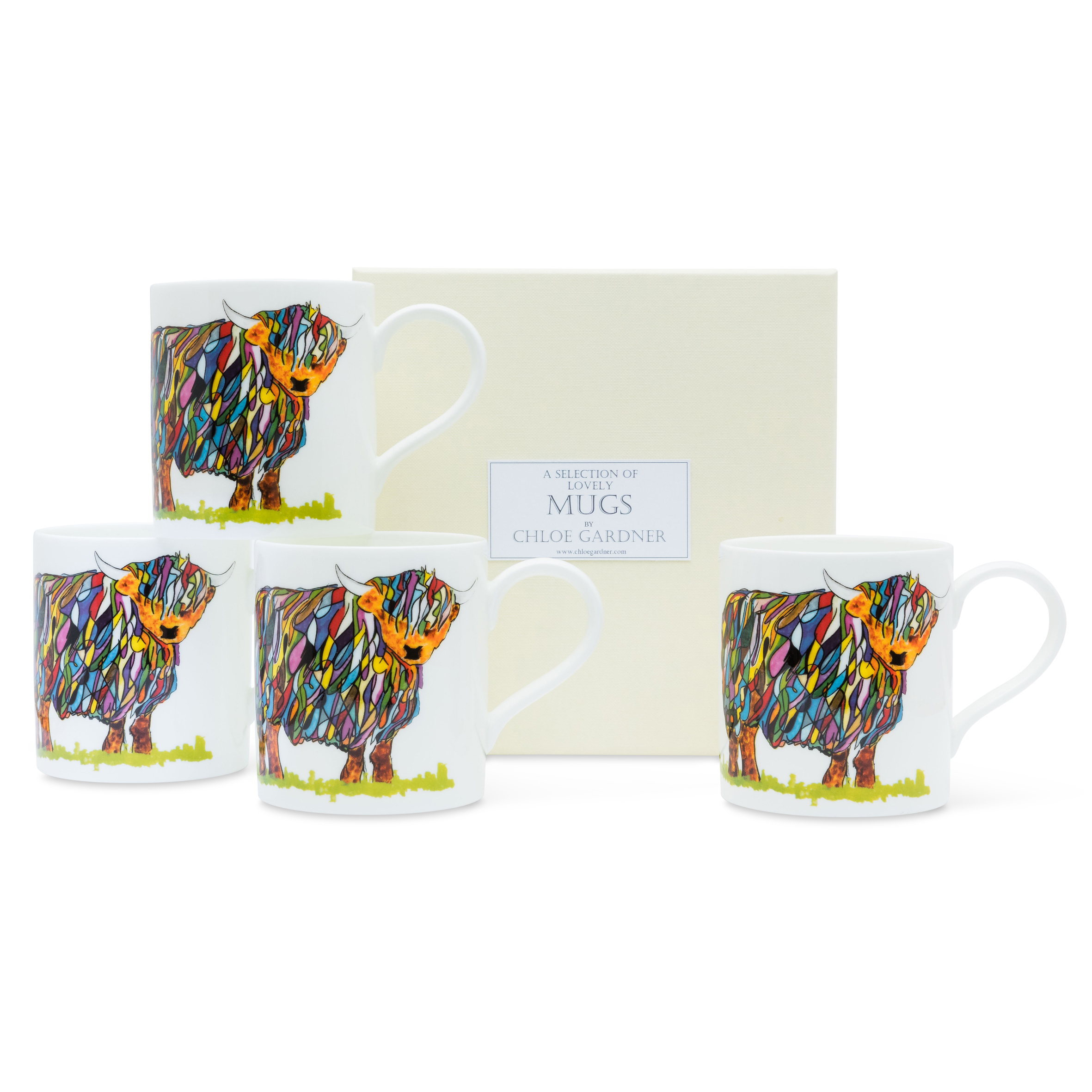 POP MUGS & COFFEE GIFT SET- FOUR Medium POP Mugs (4x Bright Highland cow) with coffee in a luxury gift box