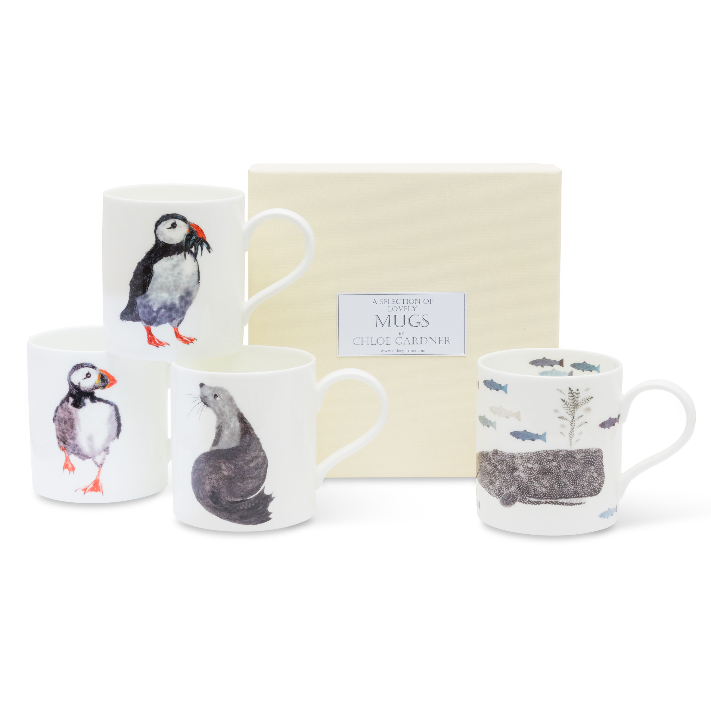 POP MUGS & COFFEE GIFT SET- FOUR Medium POP Mugs (Whale, Seal, Running Puffin, Puffin with Fish) with coffee in a luxury gift Box