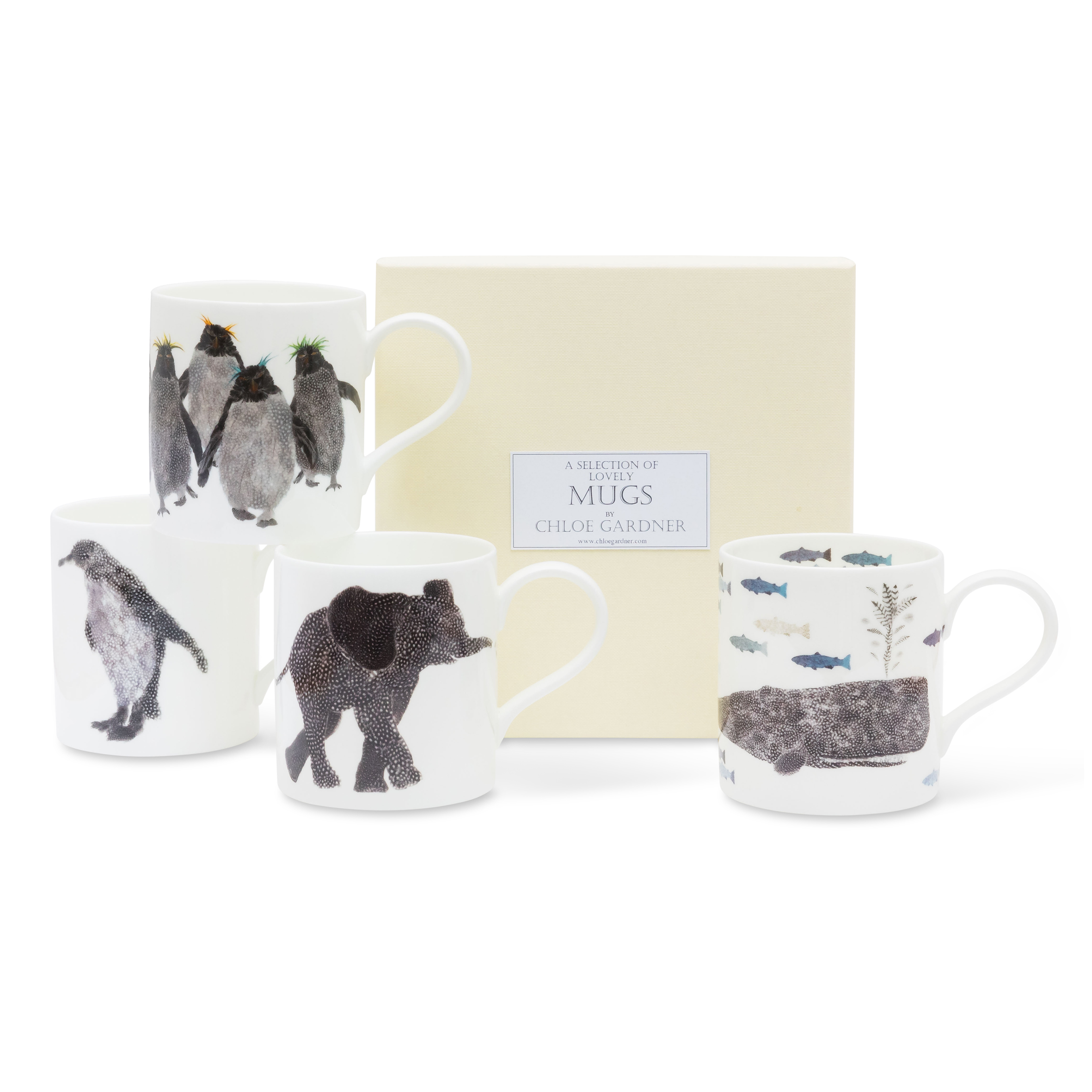 POP MUGS & COFFEE GIFT SET- FOUR Medium POP Mugs (Rockhopper, Penguin & Baby, Elephant, Whale) with coffee in a luxury gift box
