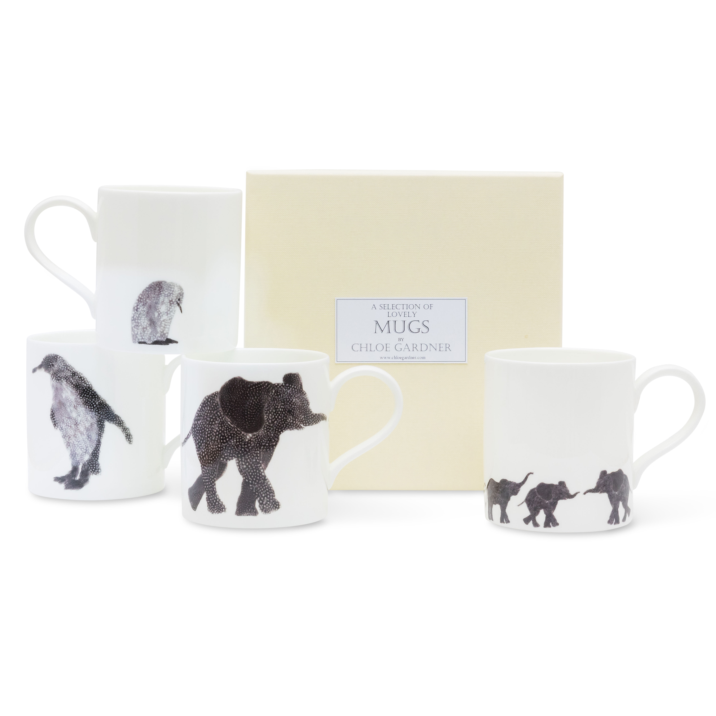 POP MUGS & COFFEE GIFT SET - FOUR Medium POP Mugs (Elephant, Elephant Parade, Penguin, Penguin & Baby) with coffee in a luxury gift Box