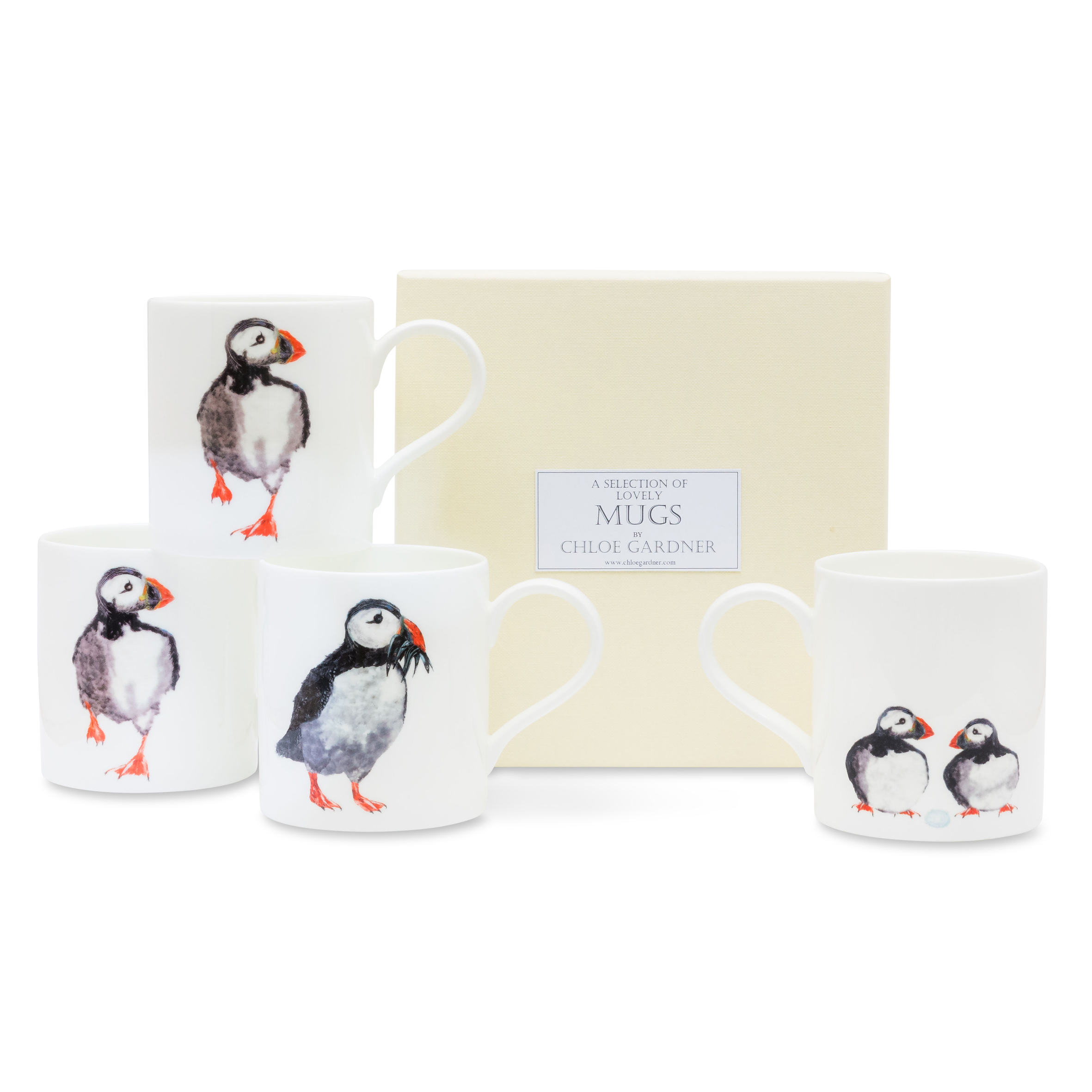 POP MUGS & COFFEE GIFT SET - FOUR Medium POP Mugs (2 x Running Puffin, 2 x Puffin with Fish) with coffee in a luxury gift box