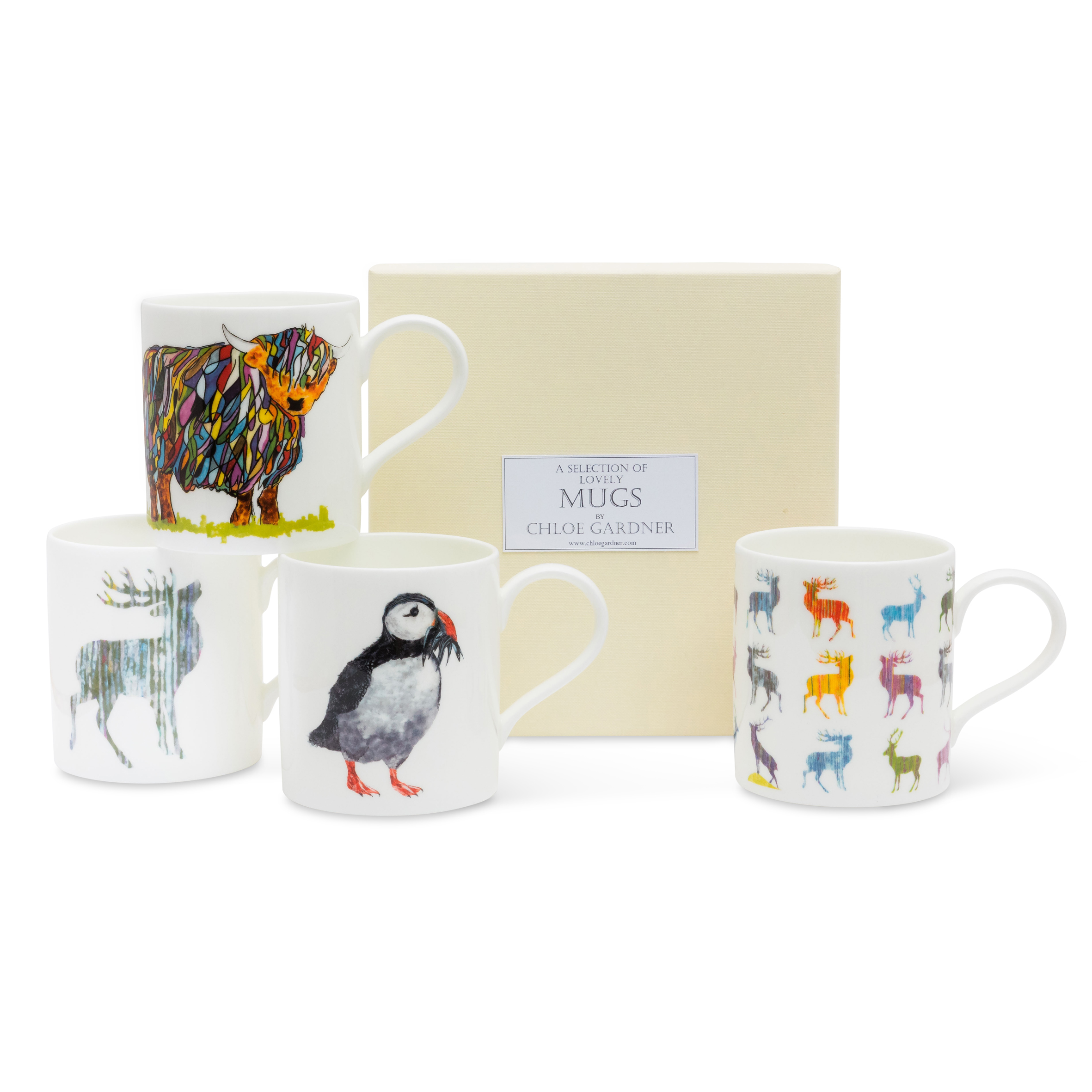 POP MUGS & COFFEE GIFT SET - FOUR Medium POP Mugs (Bright Highland Cow, Multistag, Puffin with Fish, Stag) with coffee in a luxury gift box
