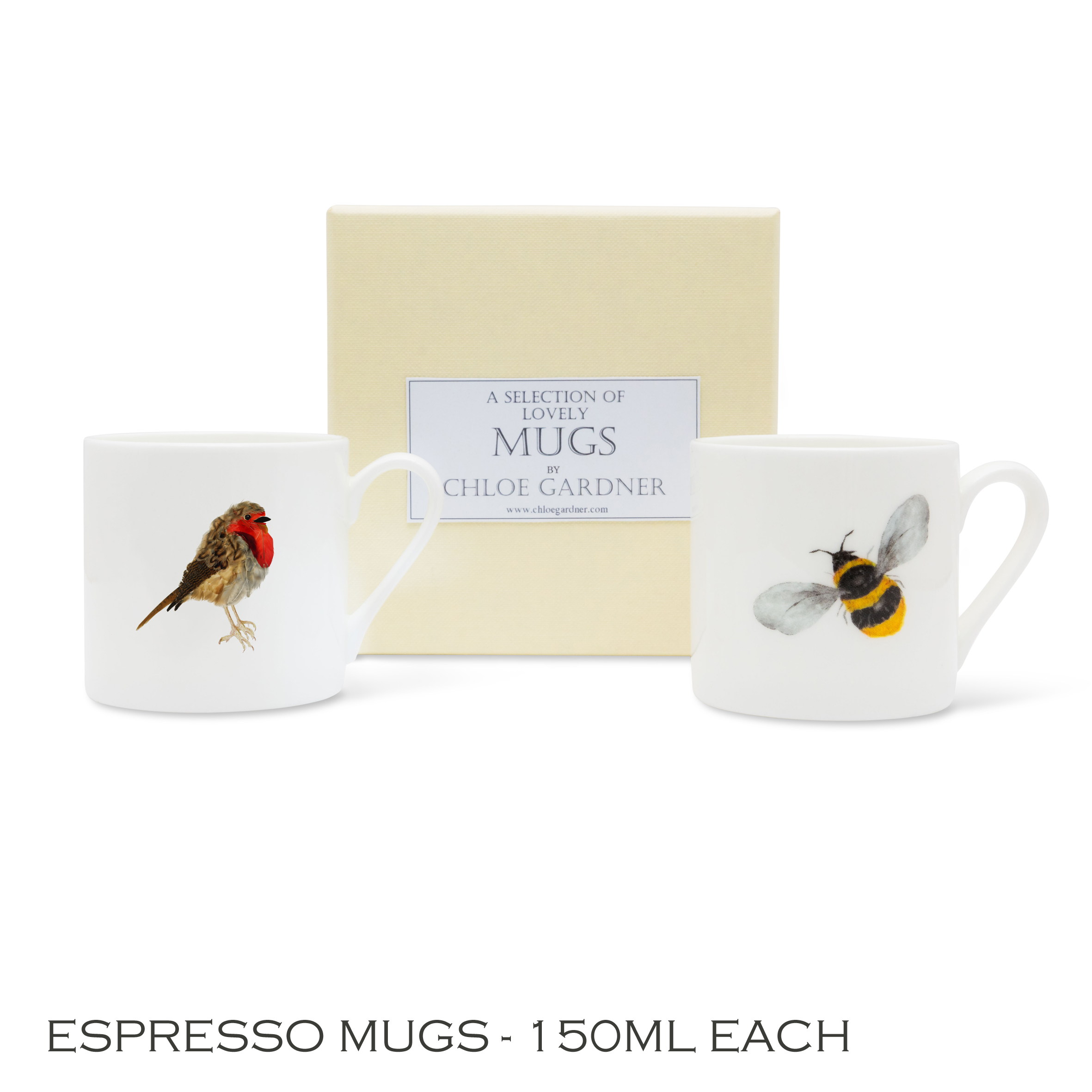 Countryside Coffee Gift Set - 2 Espresso Cups (Bee flying + Robin) with coffee in a luxury gift box