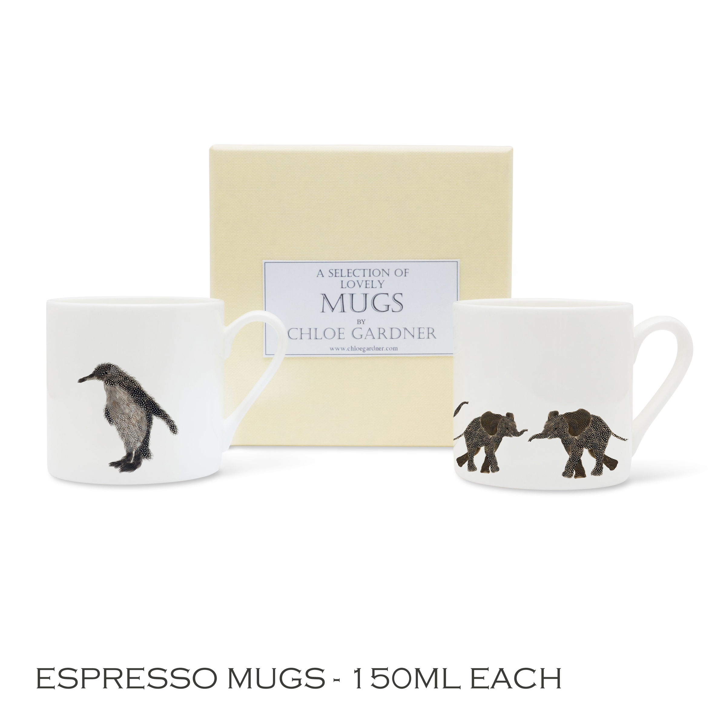 ESPRESSO MUGS & COFFEE GIFT SET- TWO espresso mugs (PENGUIN & ELEPHANT PARADE) with coffee in a luxury gift box