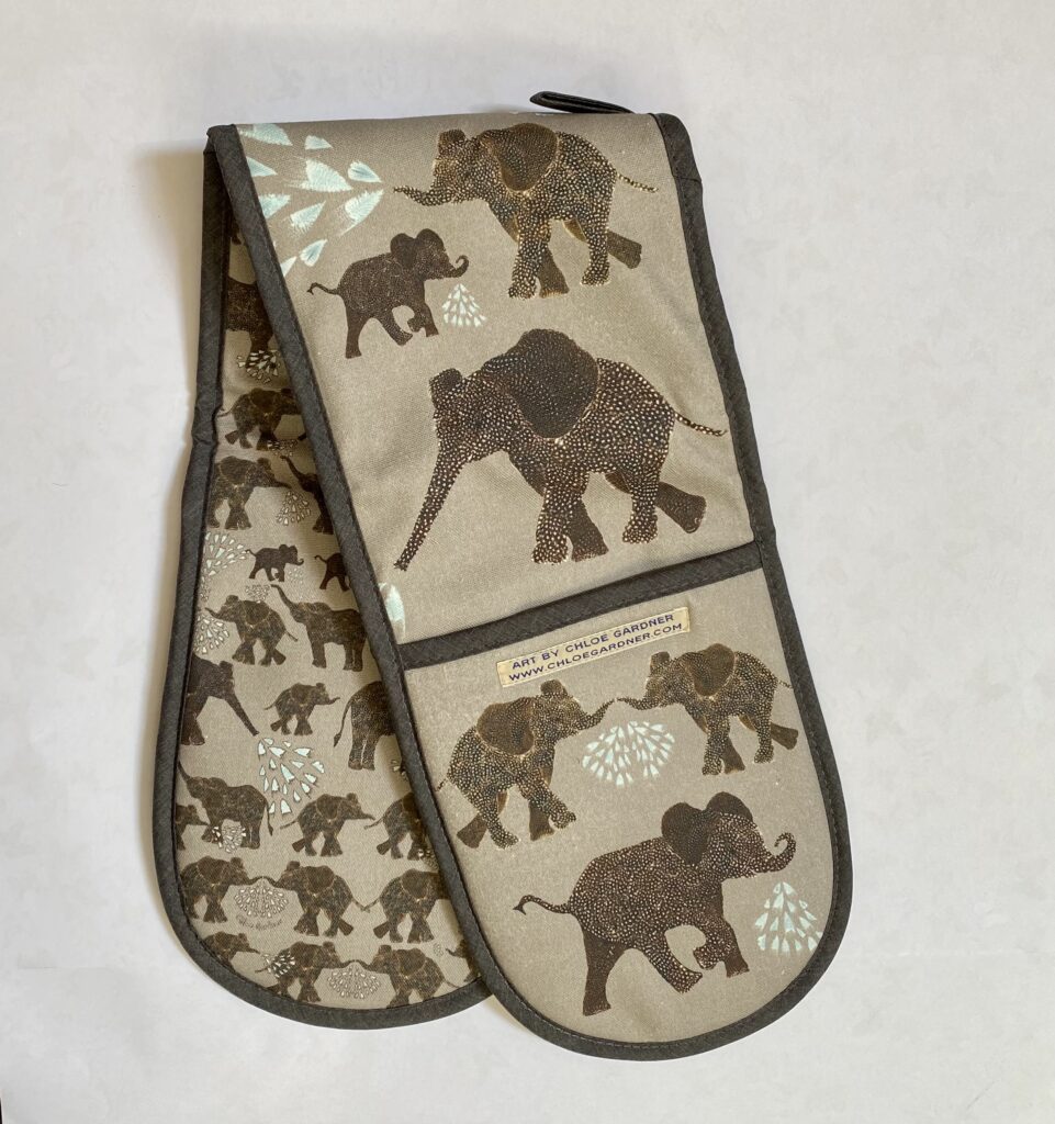 Chloe Gardner Animal Oven Gloves Elephants on Grey Cotton