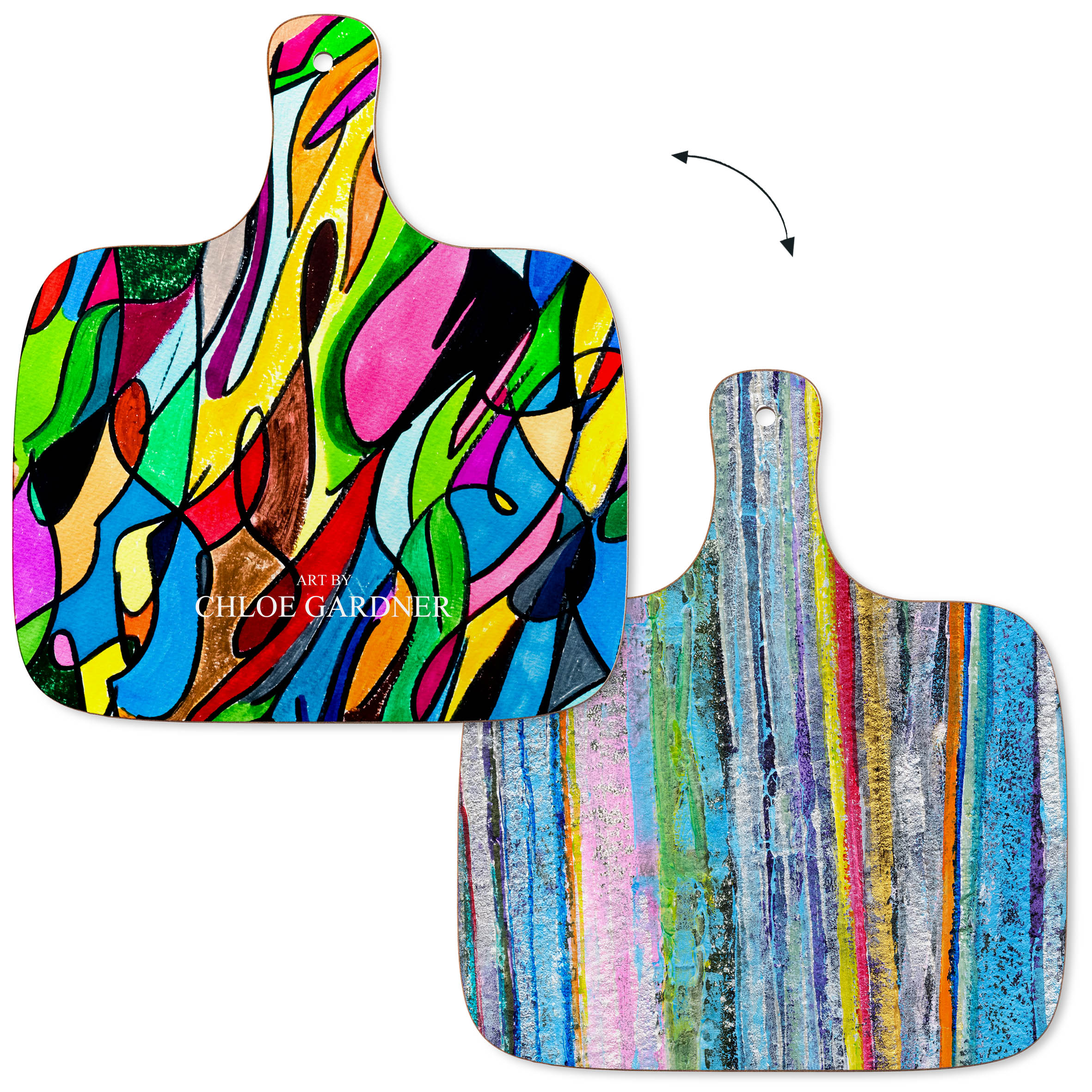 CHOPPING BOARD - MEDIUM- MULTI COLOURED ART AND STRIPEY DESIGN