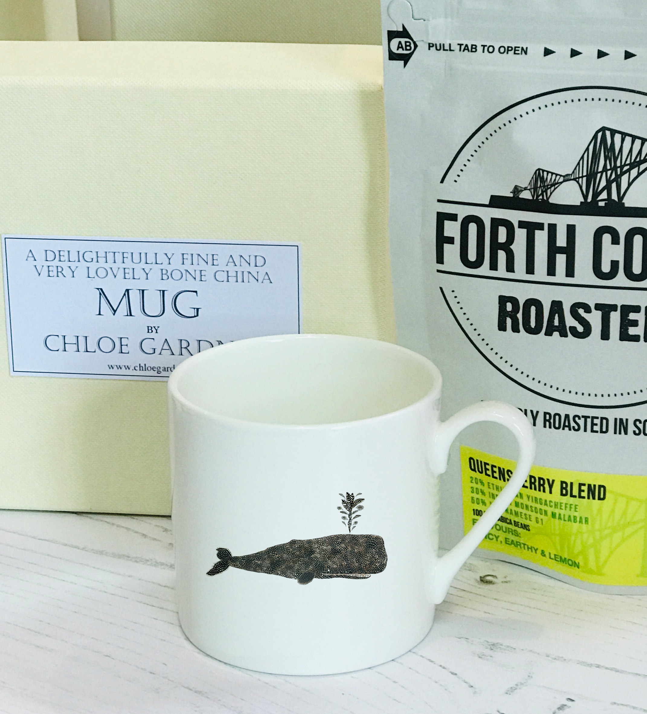 Coffee Gift Set -Whale Espresso Mug, with coffee in a lovely lined gift box