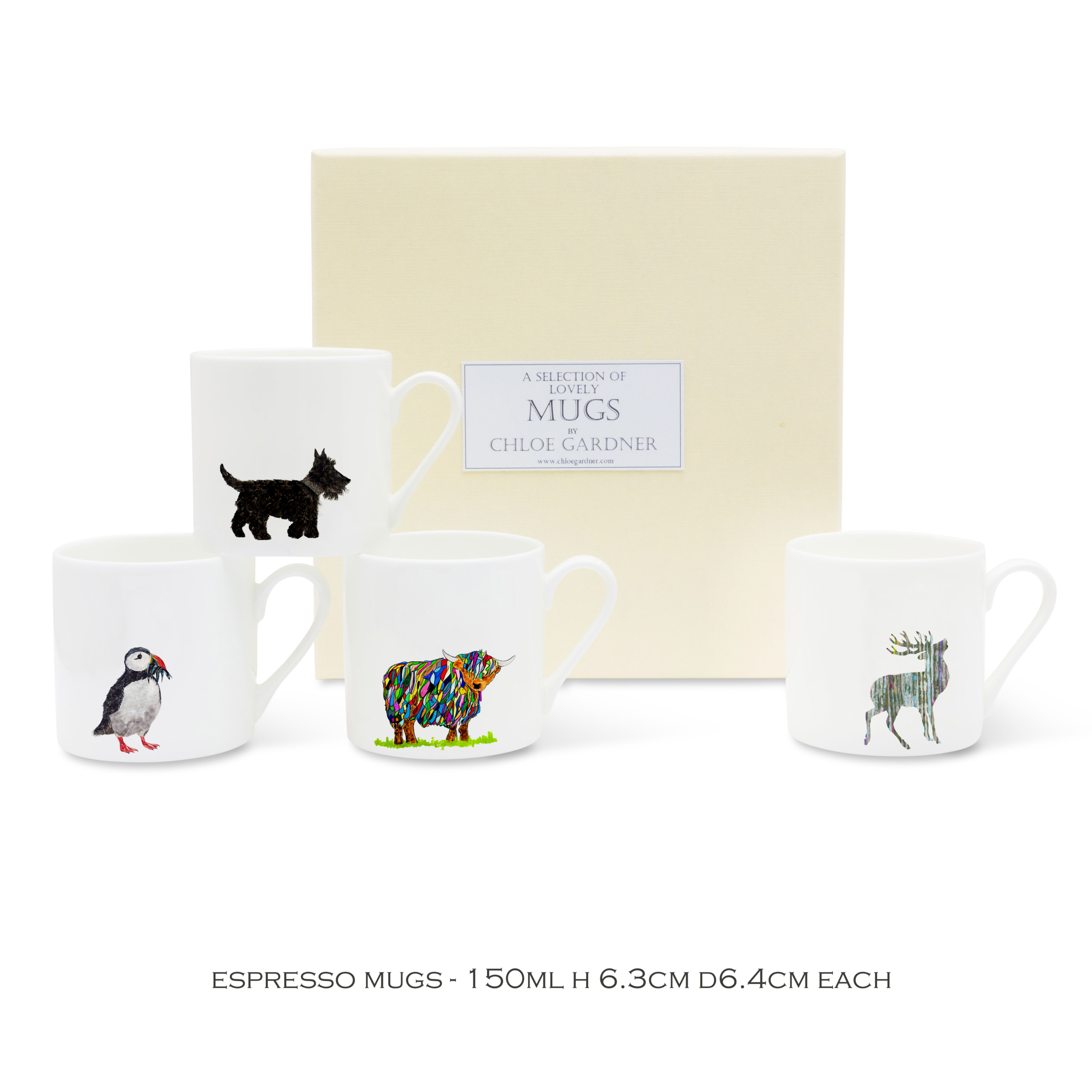 Espresso mugs & Coffee Gift Set - 4 Scottish designs (Colourful Highland Cow, Stag, Puffin, Scottie Dog) with coffee in a luxury gift box