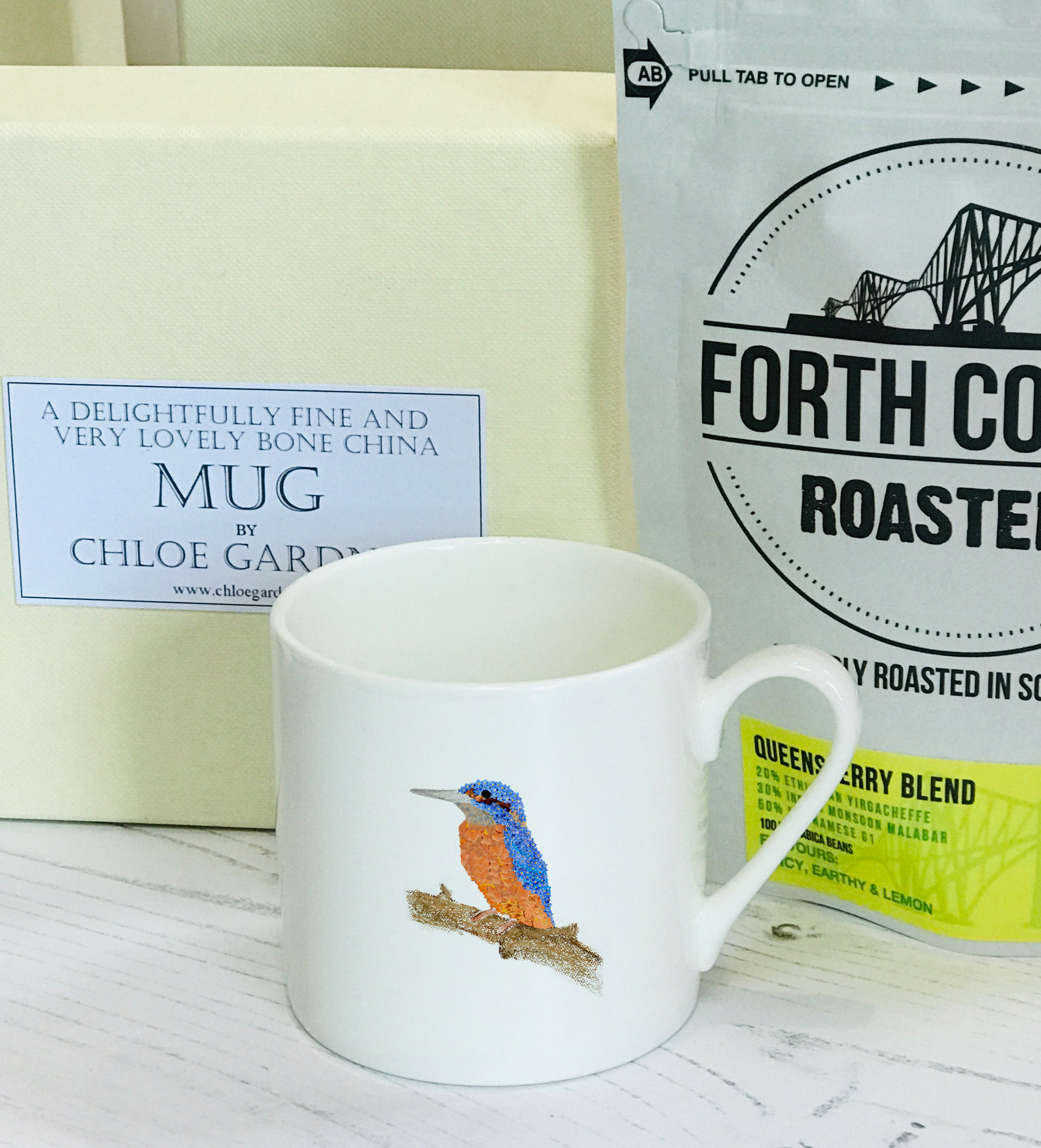 Coffee Gift Set -Kingfisher Espresso Mug, with coffee in a lovely lined gift box