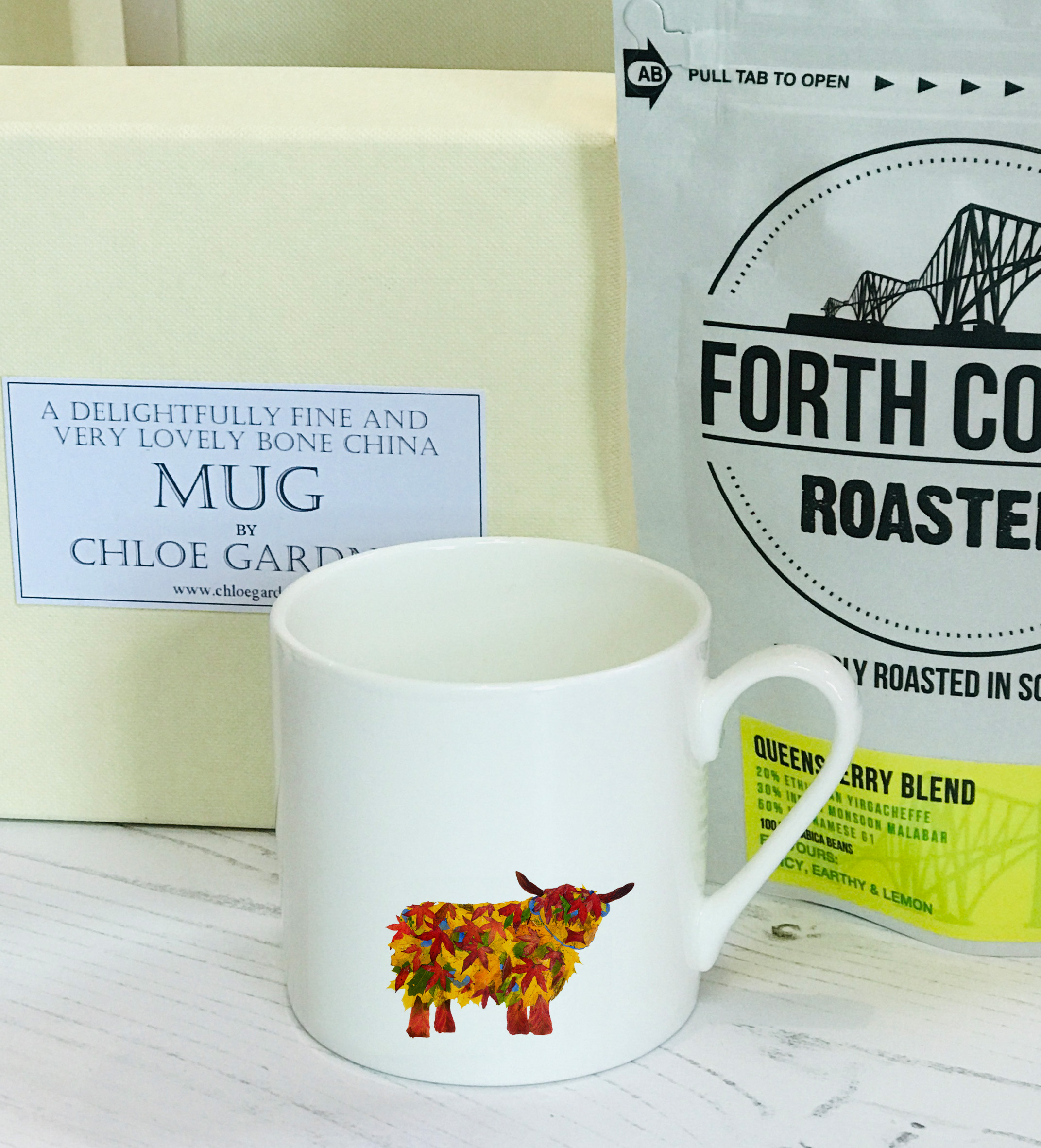Coffee Gift Set -Leaf Highland Cow Espresso Mug, with coffee in a lovely lined gift box