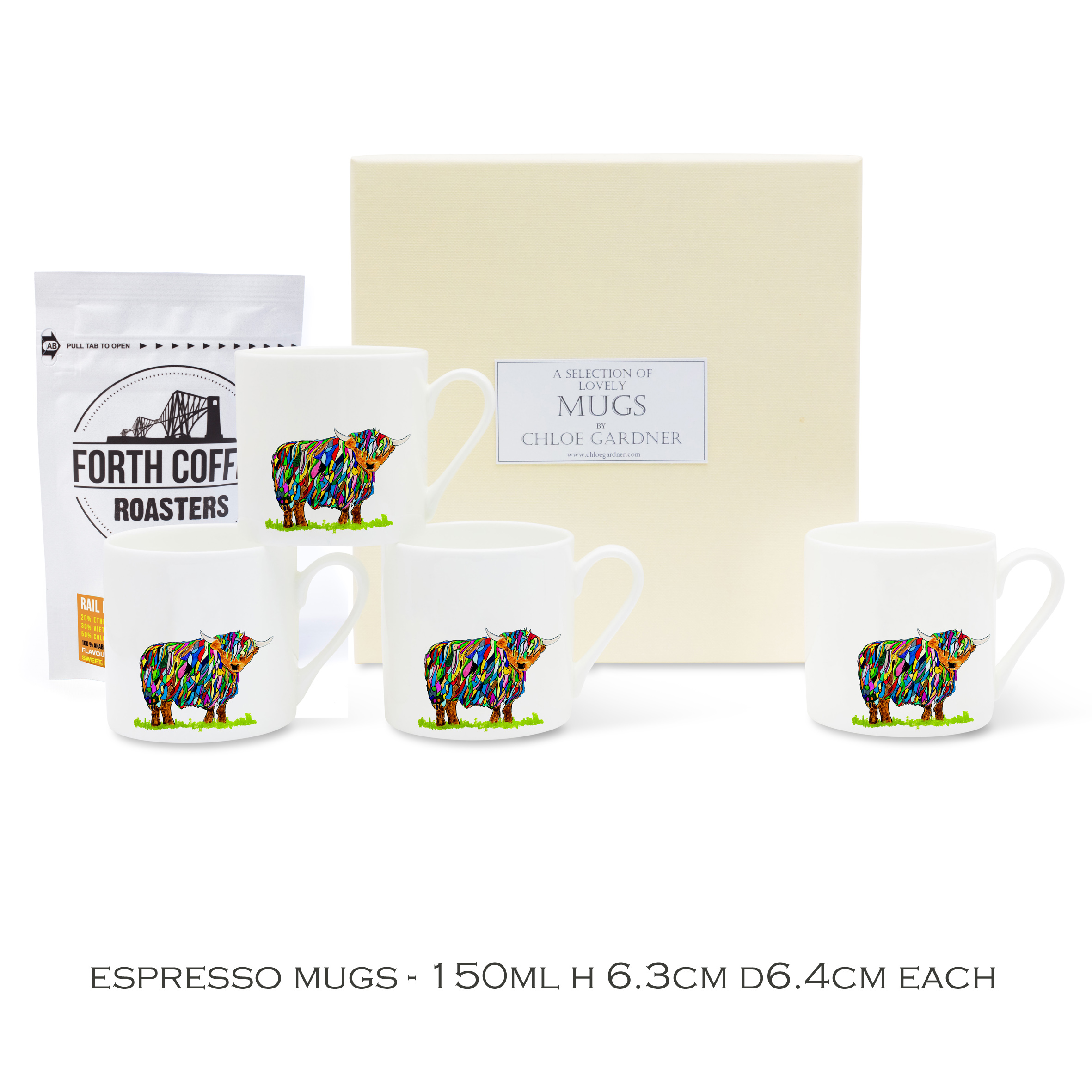 Coffee Gift Highland Cow Set - 4 Bright Highland Cows Espresso Cups with coffee in a luxury gift box