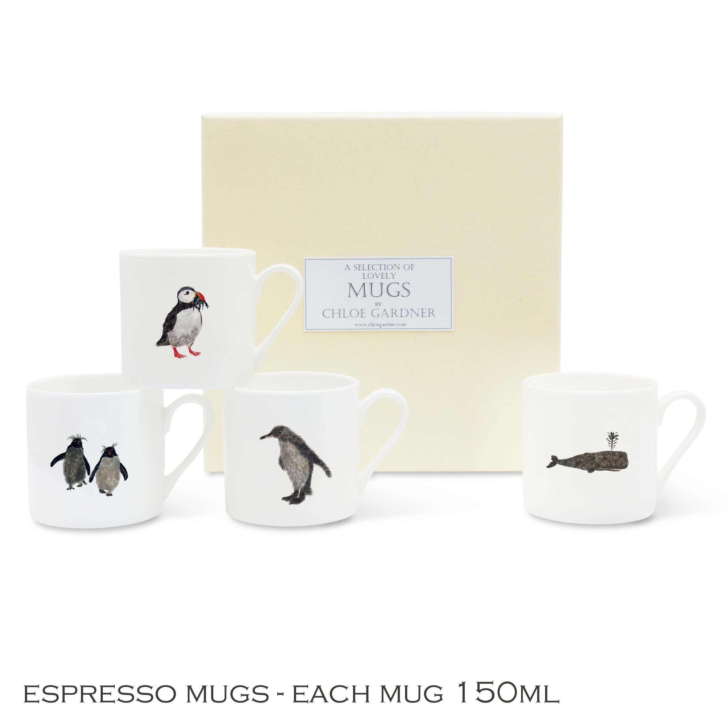 Coffee Gift Seaside Set 1 - 4 Espresso Cups  (Whale, Rockhopper Pair, Puffin, Penguin) with coffee in a luxury gift box
