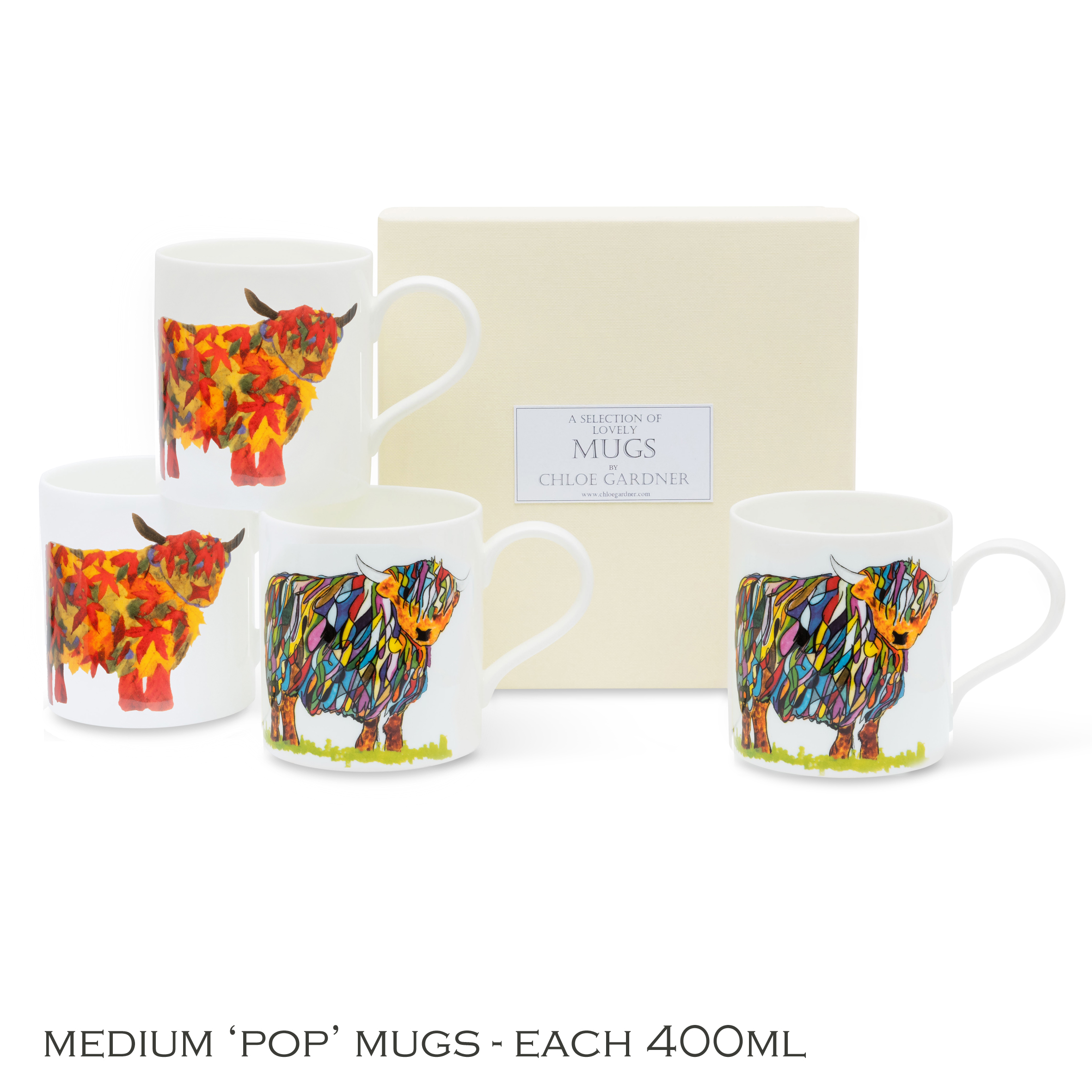 POP MUGS & COFFEE GIFT SET - FOUR Medium POP Mugs (2 x Bright Highland Cow, 2 x Leaf Highland Cow) with coffee in a gift box