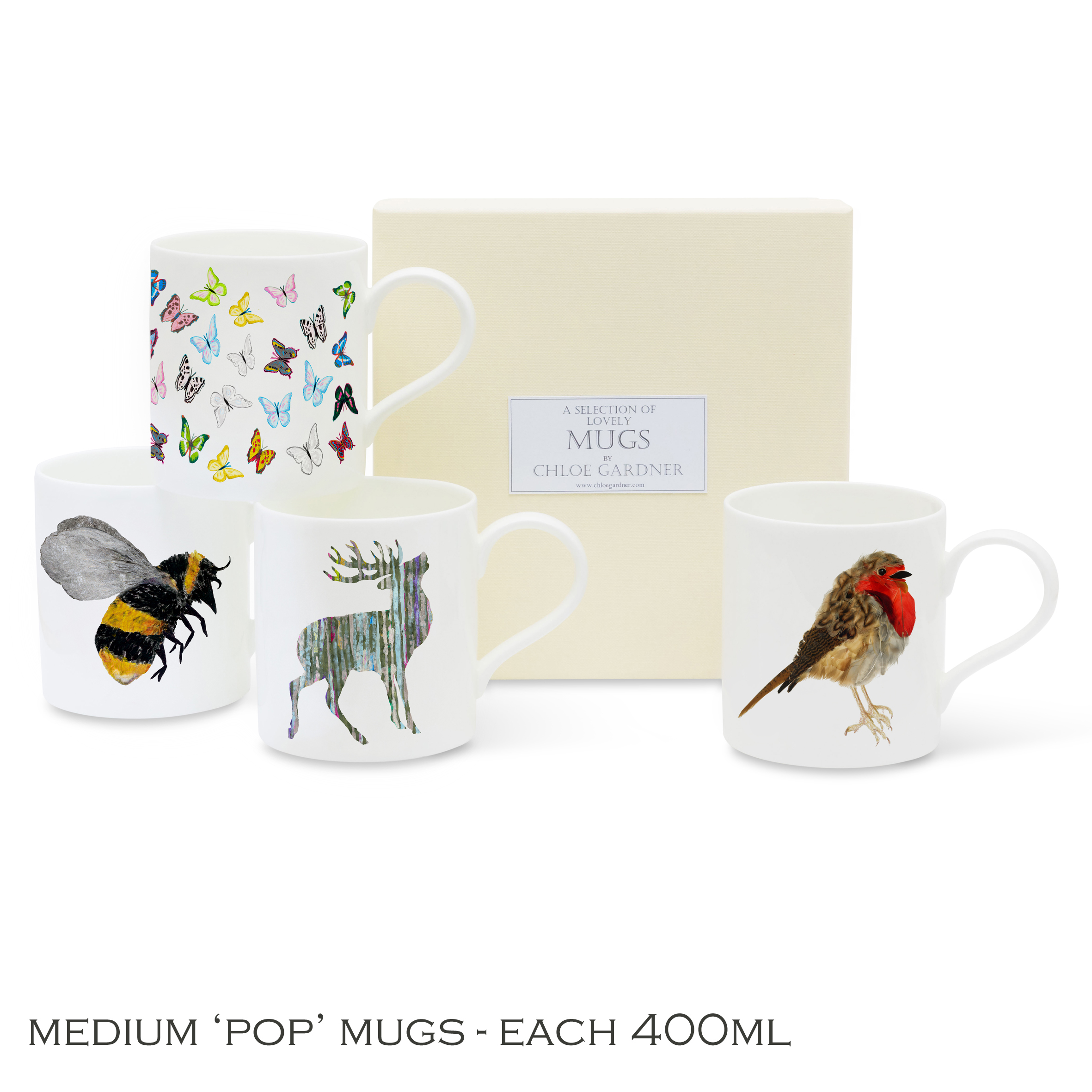 POP MUGS & COFFEE GIFT SET- FOUR Medium POP Mugs (Robin, Bee, Butterflies, Single Stag) with coffee in a luxury gift box