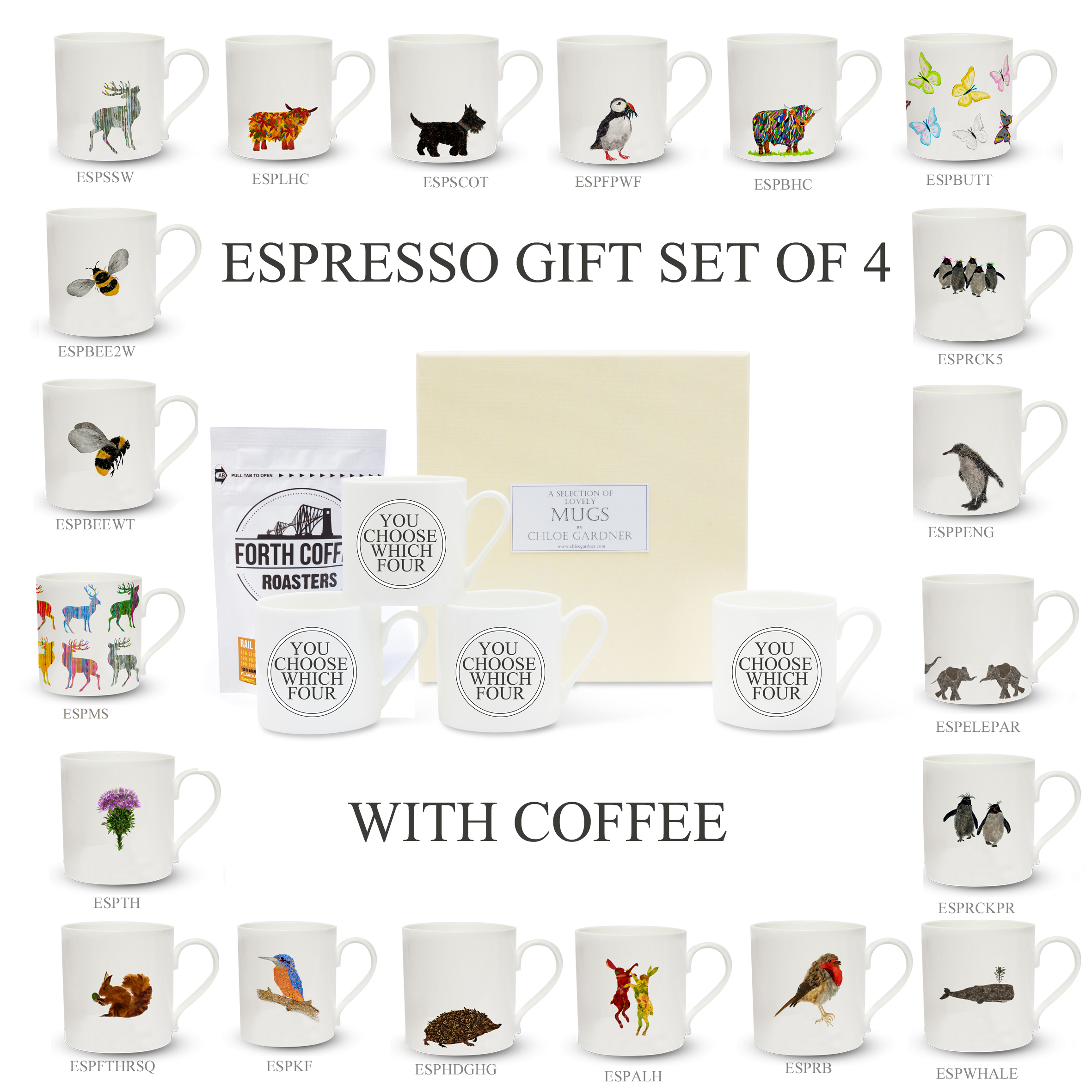 ESPRESSO MUGS GIFT SET- FOUR MUGS- with coffee in a luxury gift box - You choose the designs
