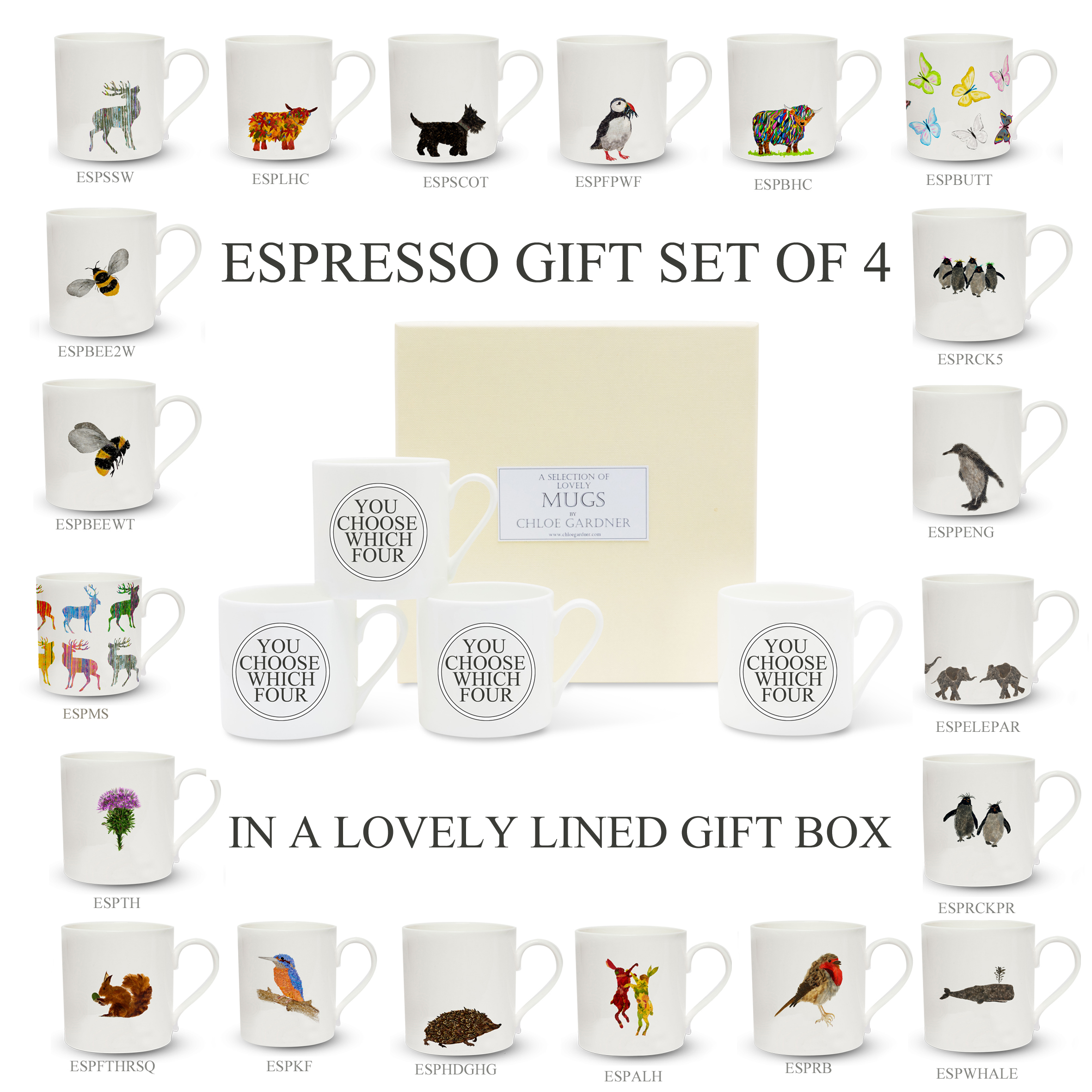 FOUR Espresso Mugs Gift Set - Choose your own (no coffee)