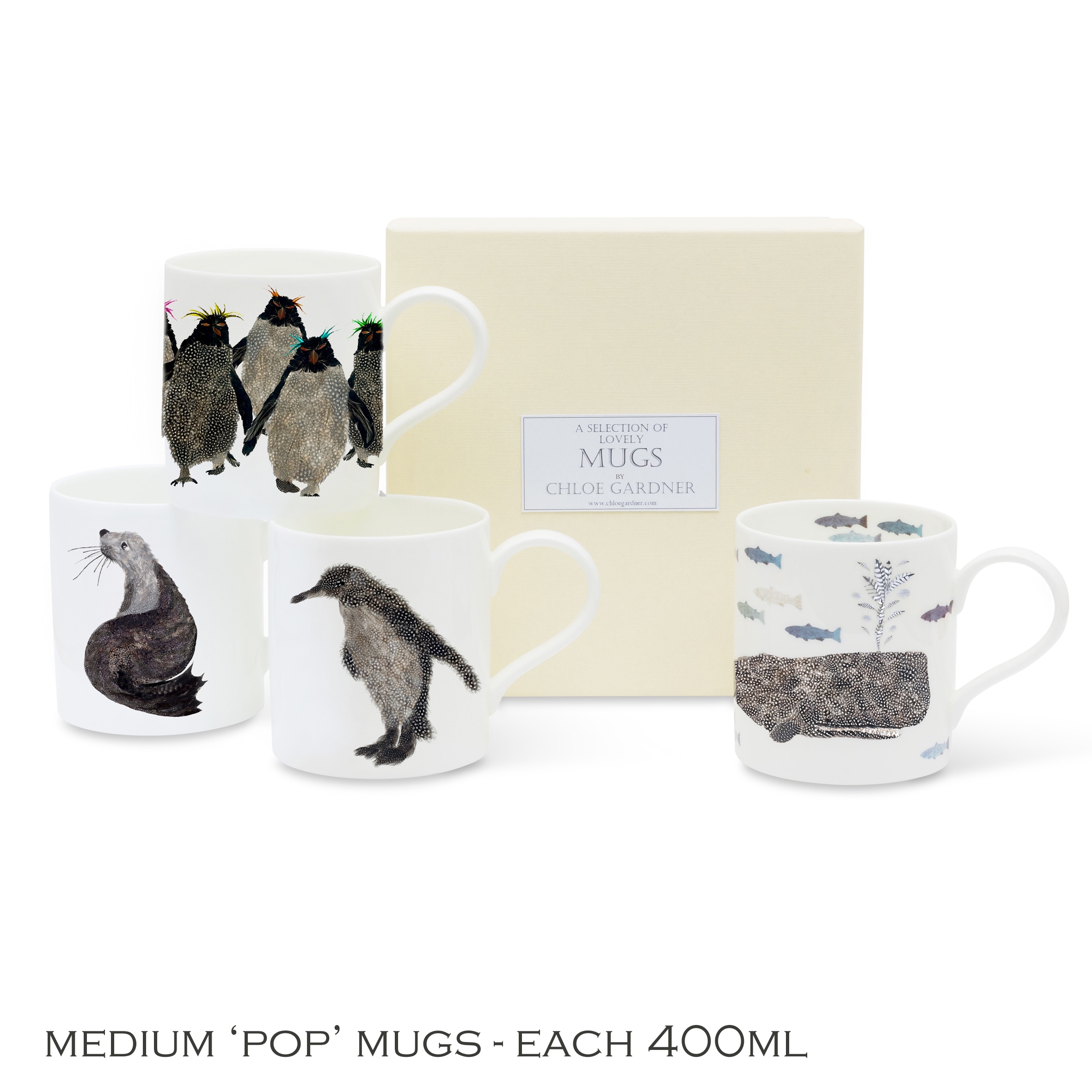 POP MUGS & COFFEE GIFT SET - Four Medium POP Mugs (Whale, Seal, Rockhoppers, Penguin & Baby) with coffee in a luxury gift box