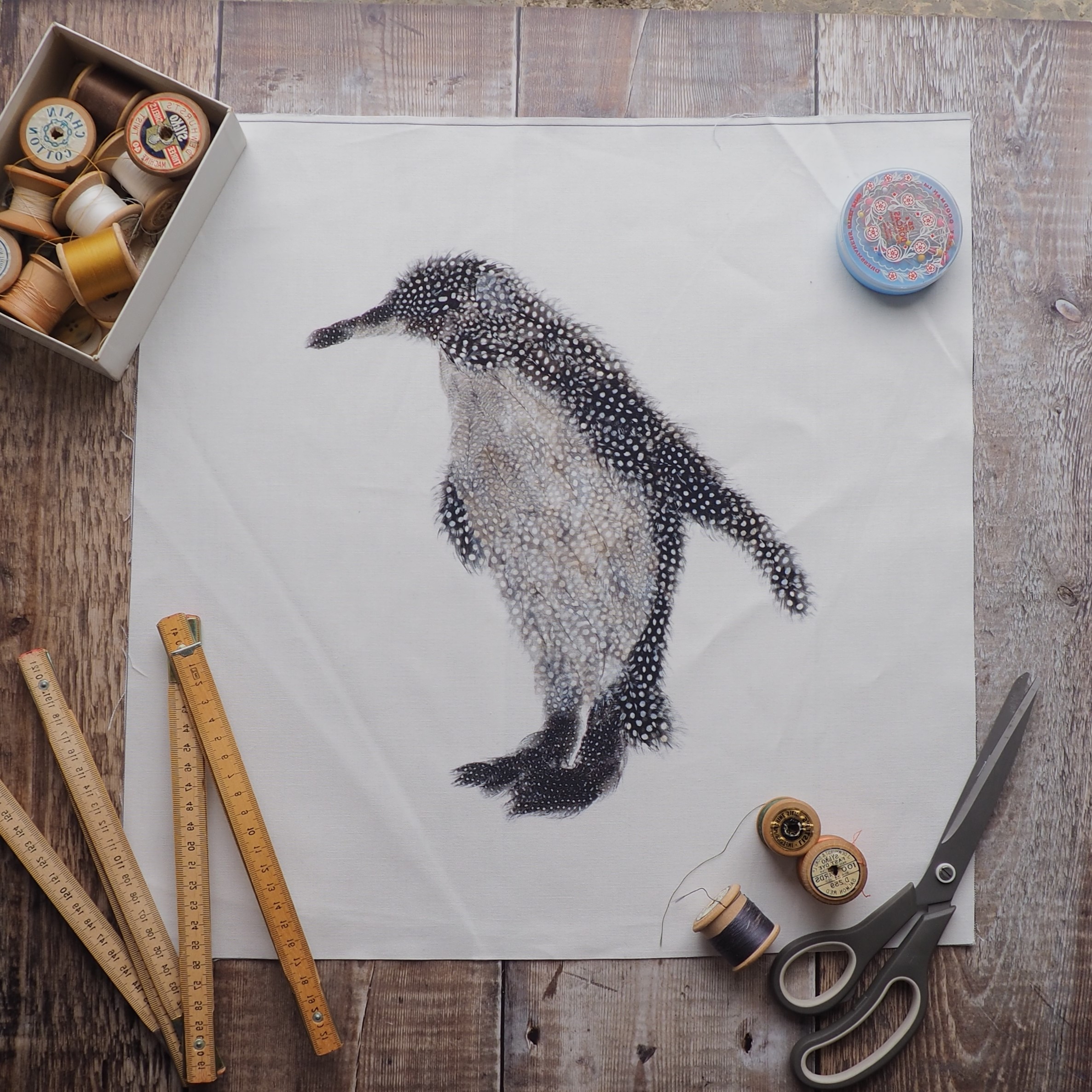 Penguin printed fabric cushion front panel